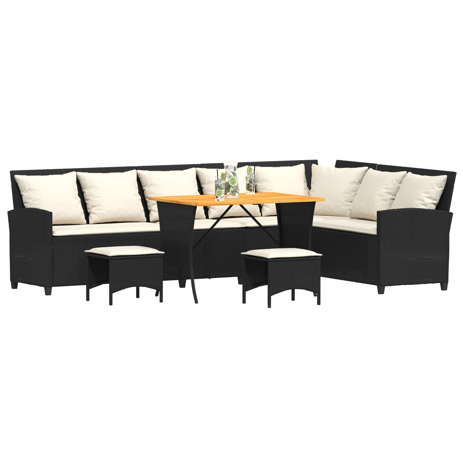 Set Divani da Giardino 4 pz con Cuscini Forma L Polyrattan Nero