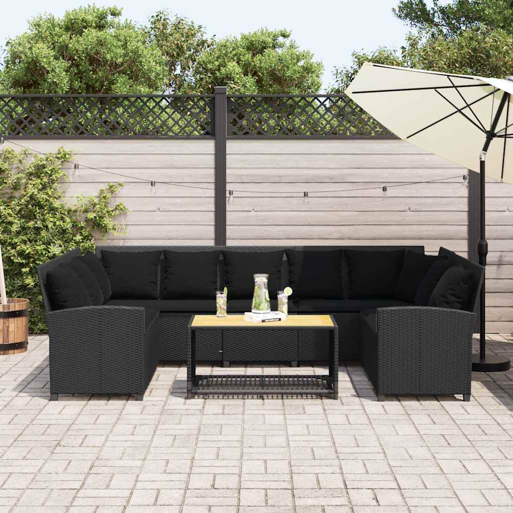 Divano da Giardino con Cuscini in Polyrattan Nero
