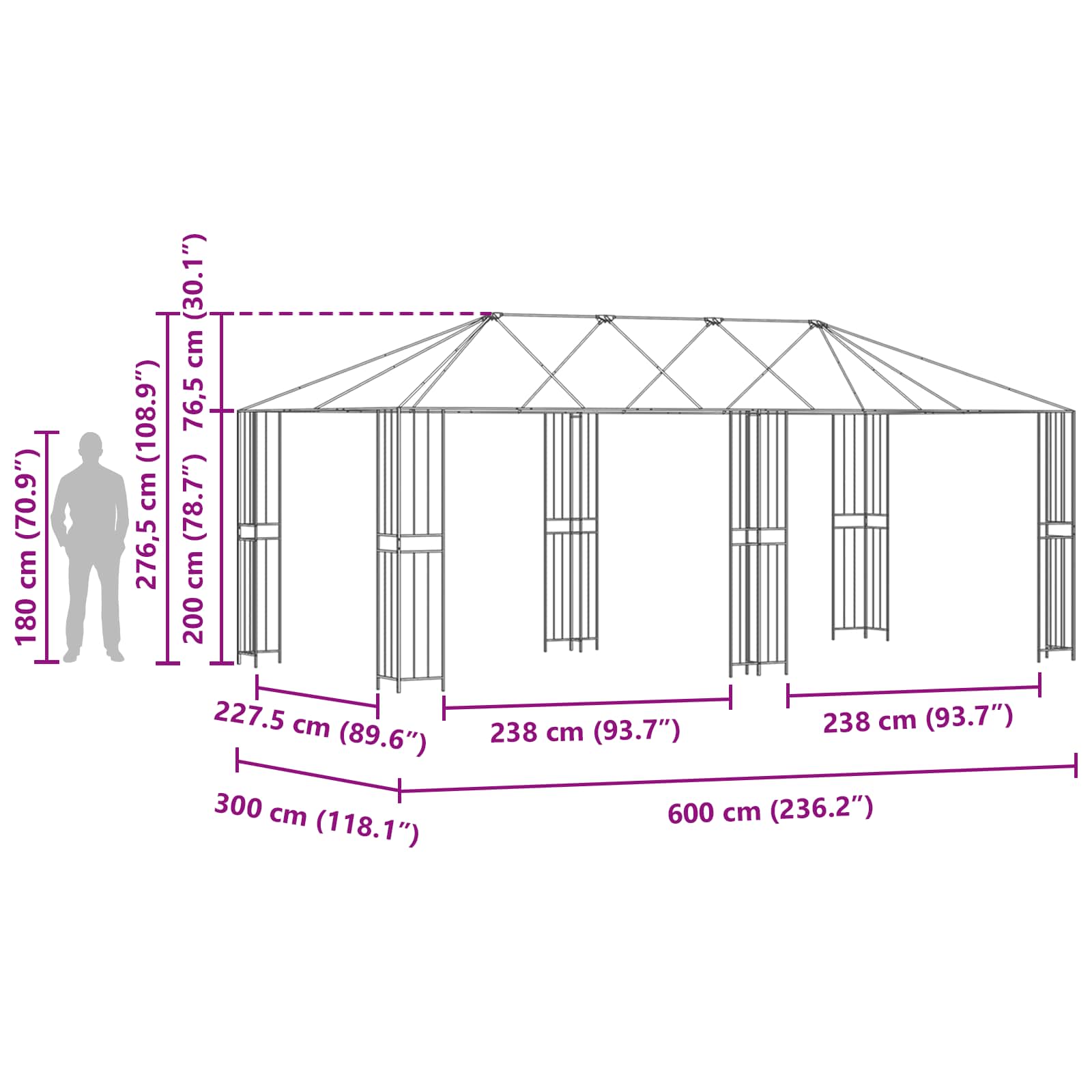 Struttura per gazebo senza tessuto per gazebo 6 x 3 m Nero