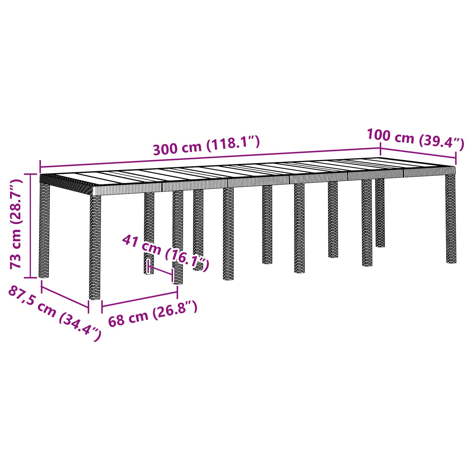 Tavolo da Giardino Marrone 300 x 100 x 73 cm polyrattan