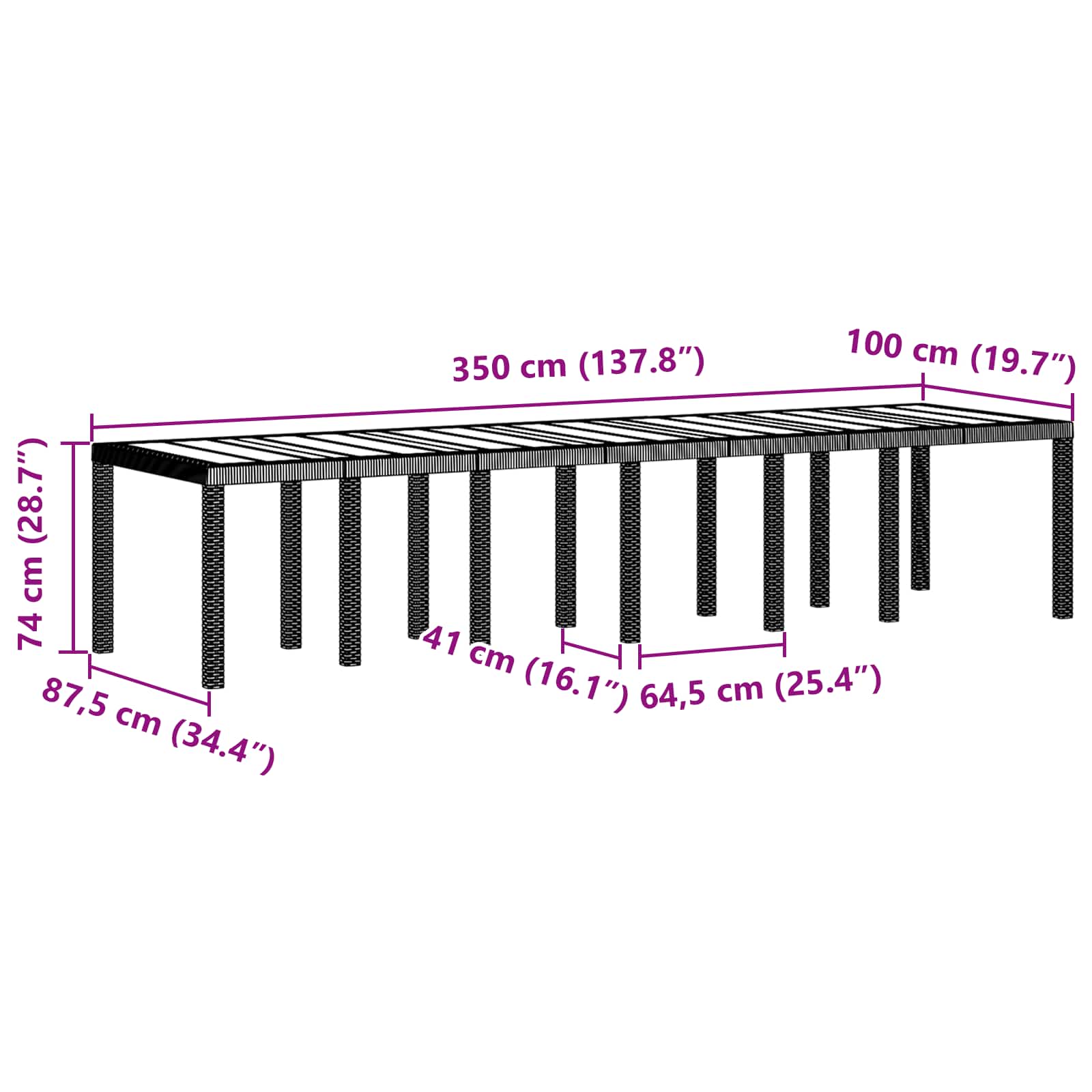 Tavolo da Giardino Marrone 350 x 100 x 74 cm polyrattan