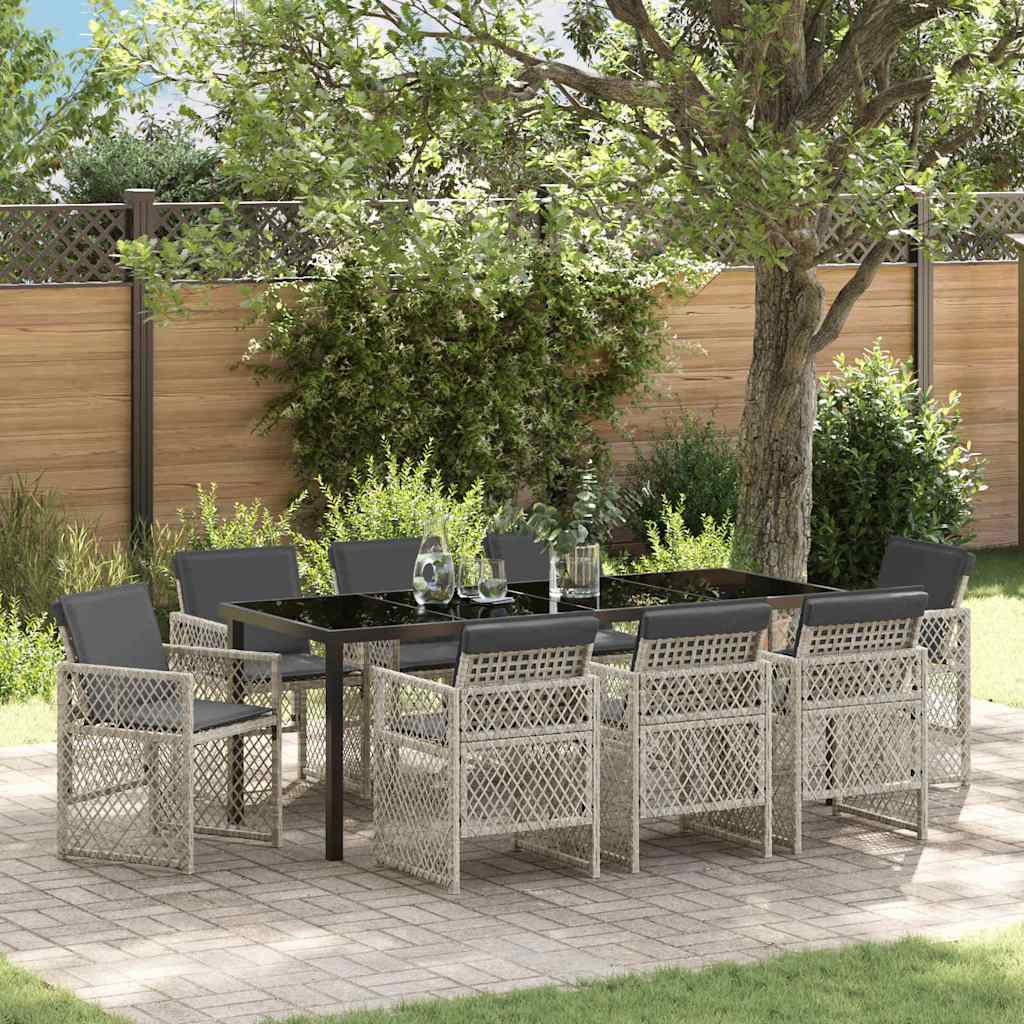 Set da Pranzo per Giardino 9 pz Grigio chiaro polyrattan