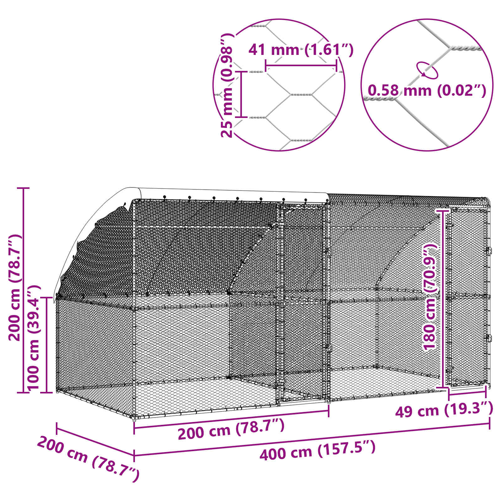 Gabbia per polli con 2 porte 2 pz Argento 400x200x200cm