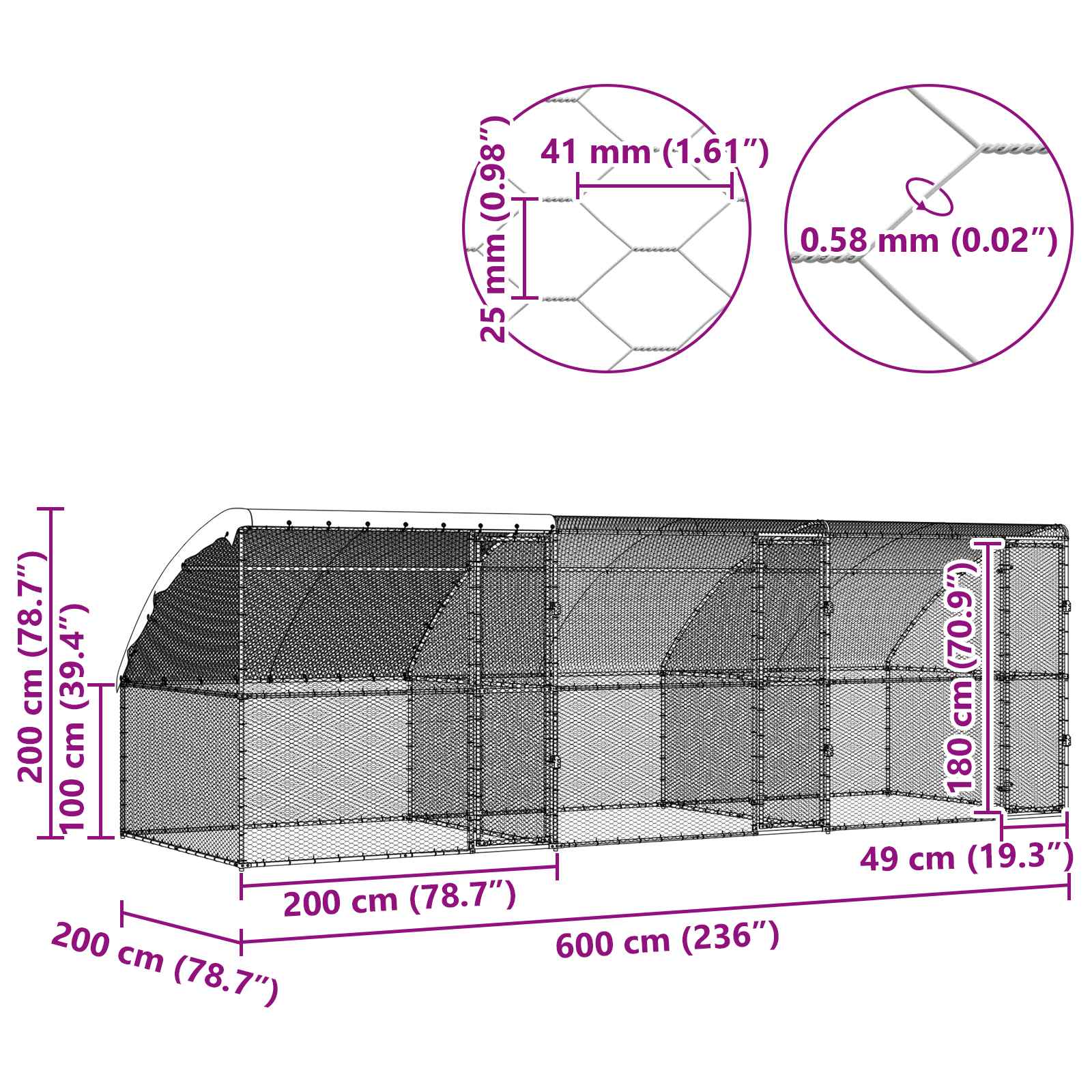 Gabbia per polli con 3 porte 3 pz Argento 600x200x200 cm