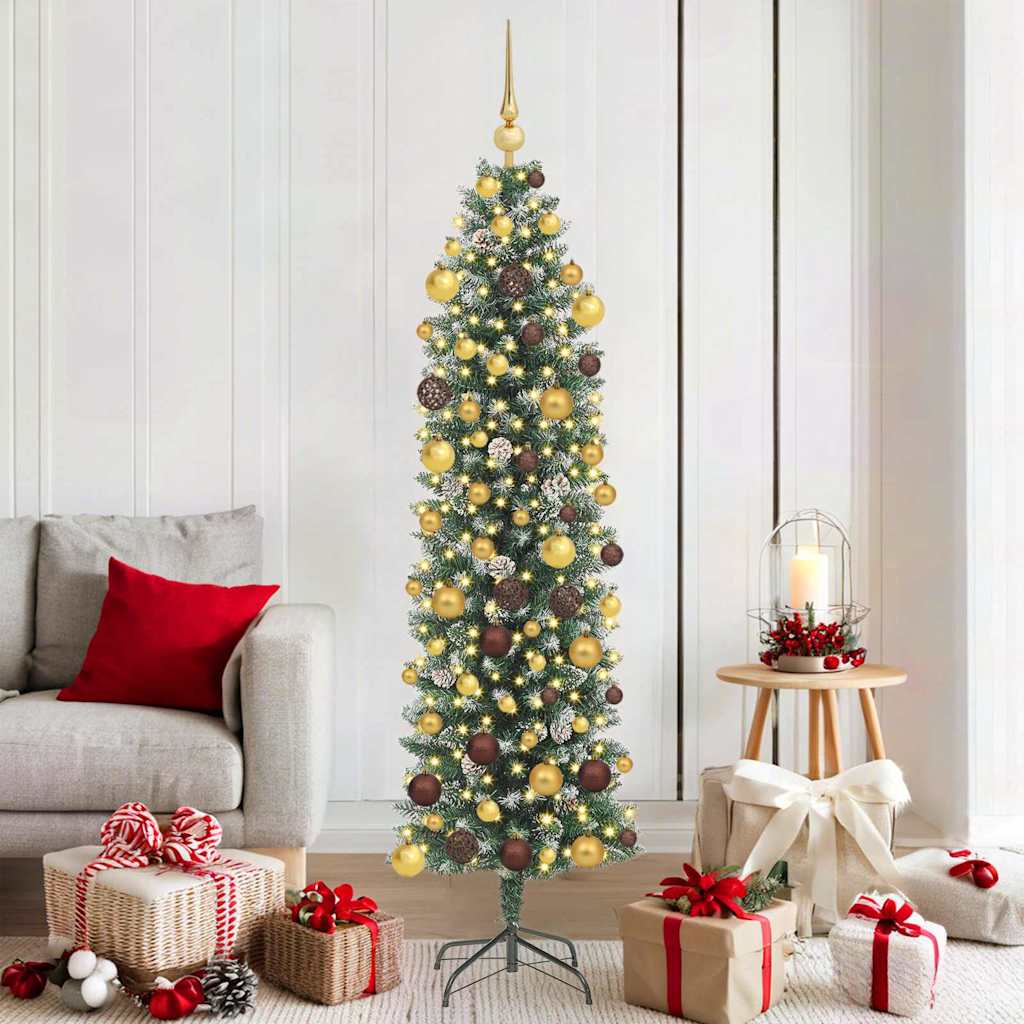 Albero di Natale Artificiale Sottile Verde e Bianco 180 cm