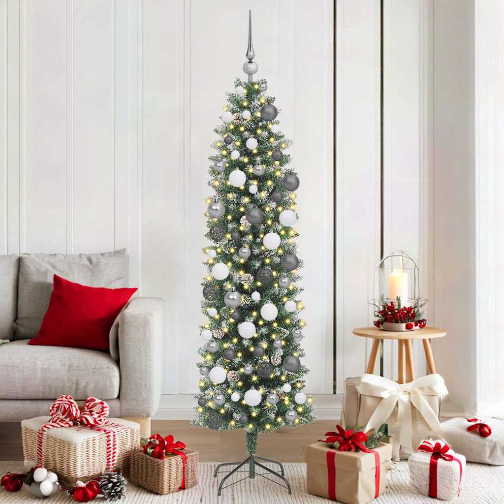Albero di Natale Artificiale Sottile Verde e Bianco 180 cm