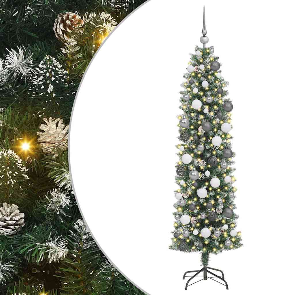 Albero di Natale Artificiale Sottile Verde e Bianco 180 cm