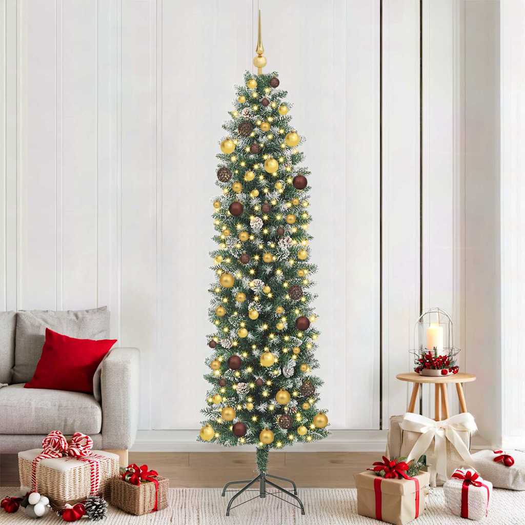 Albero di Natale Artificiale Sottile Verde e Bianco 210 cm