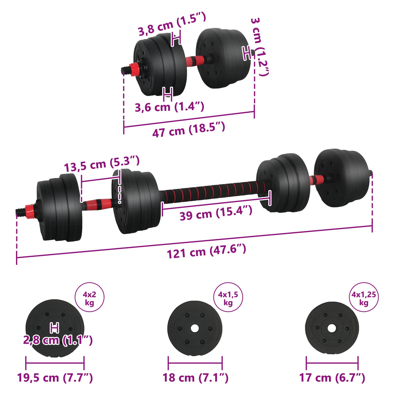 Set di Manubri 2-in-1 30kg Nero e Rosso