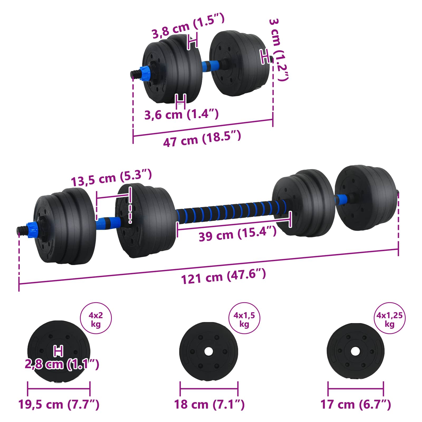 Set di Manubri 2-in-1 30kg Nero e Blu Cemento e sabbia di ferro