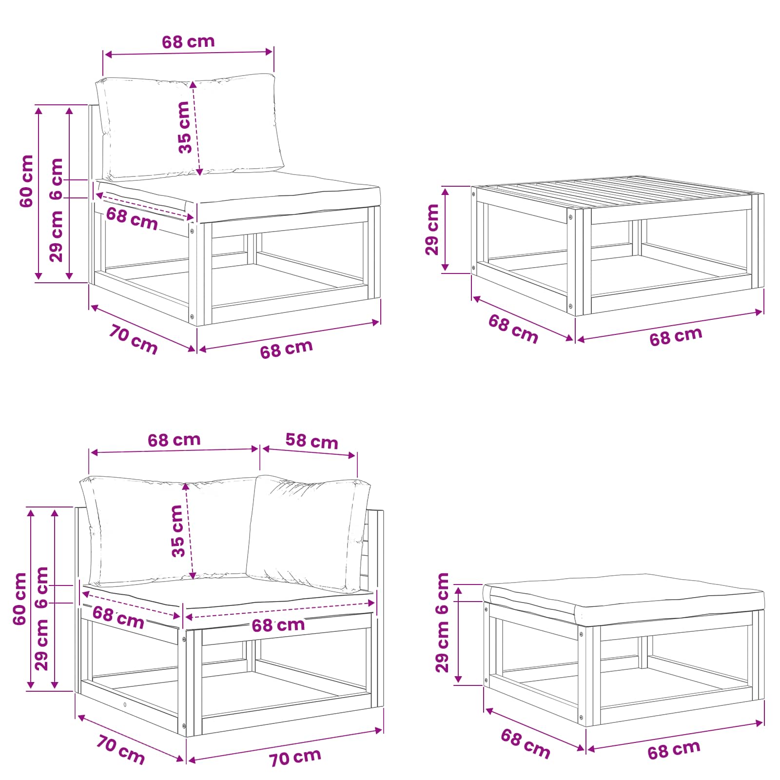 Set di divani 5 pz Naturale Legno di Acacia Massello