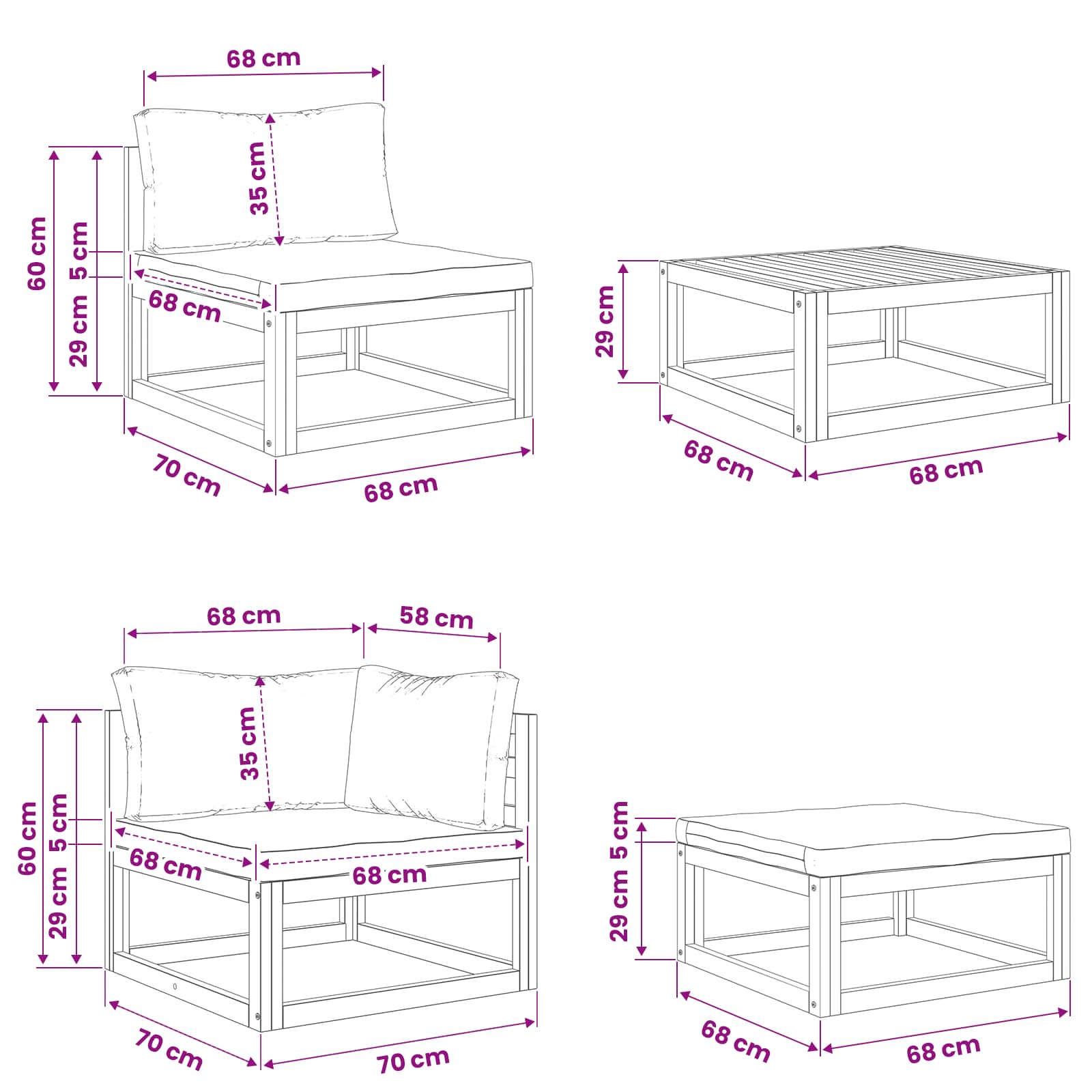 Set di divani 5 pz Naturale Legno di Acacia Massello
