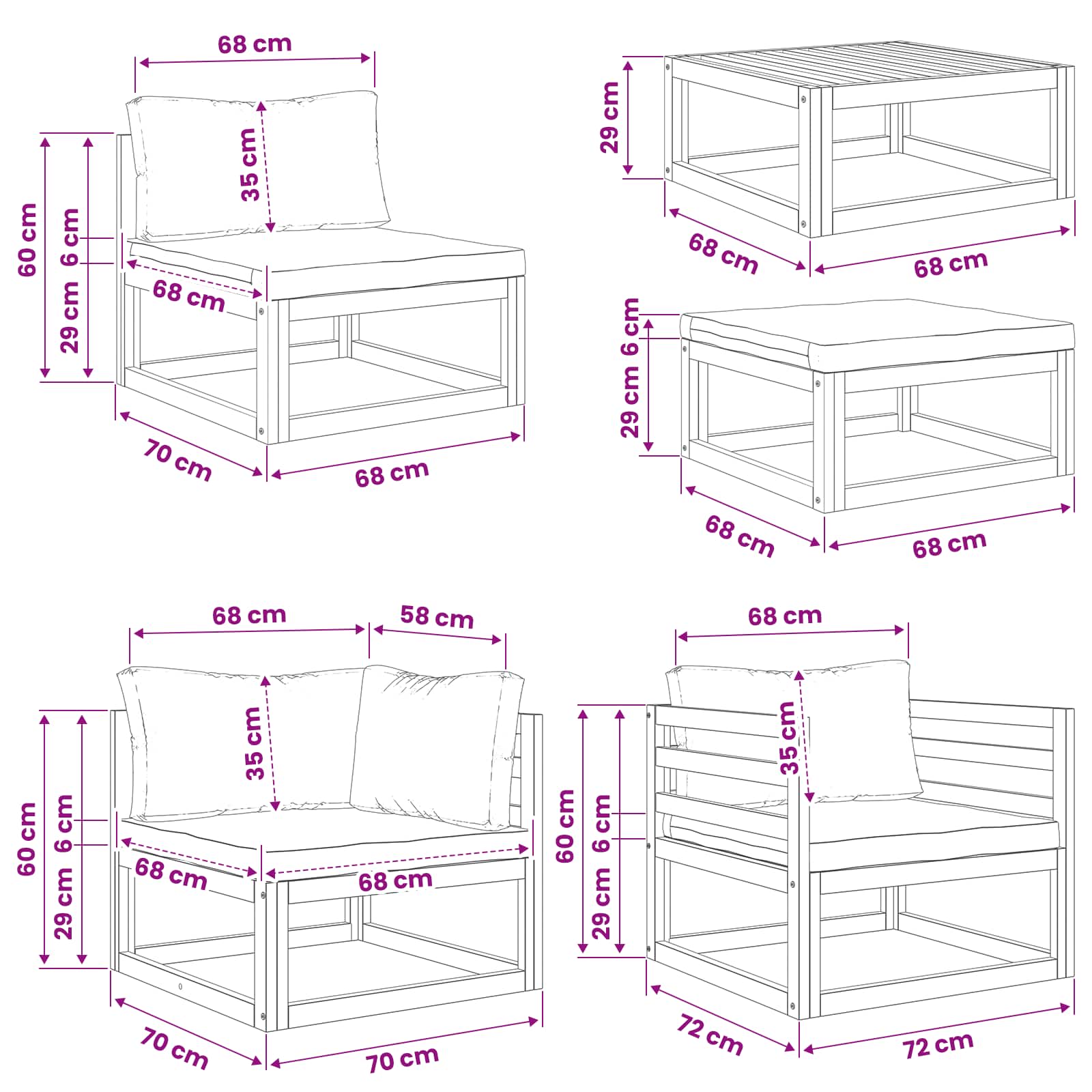 Set di divani 5 pz Naturale Legno di Acacia Massello