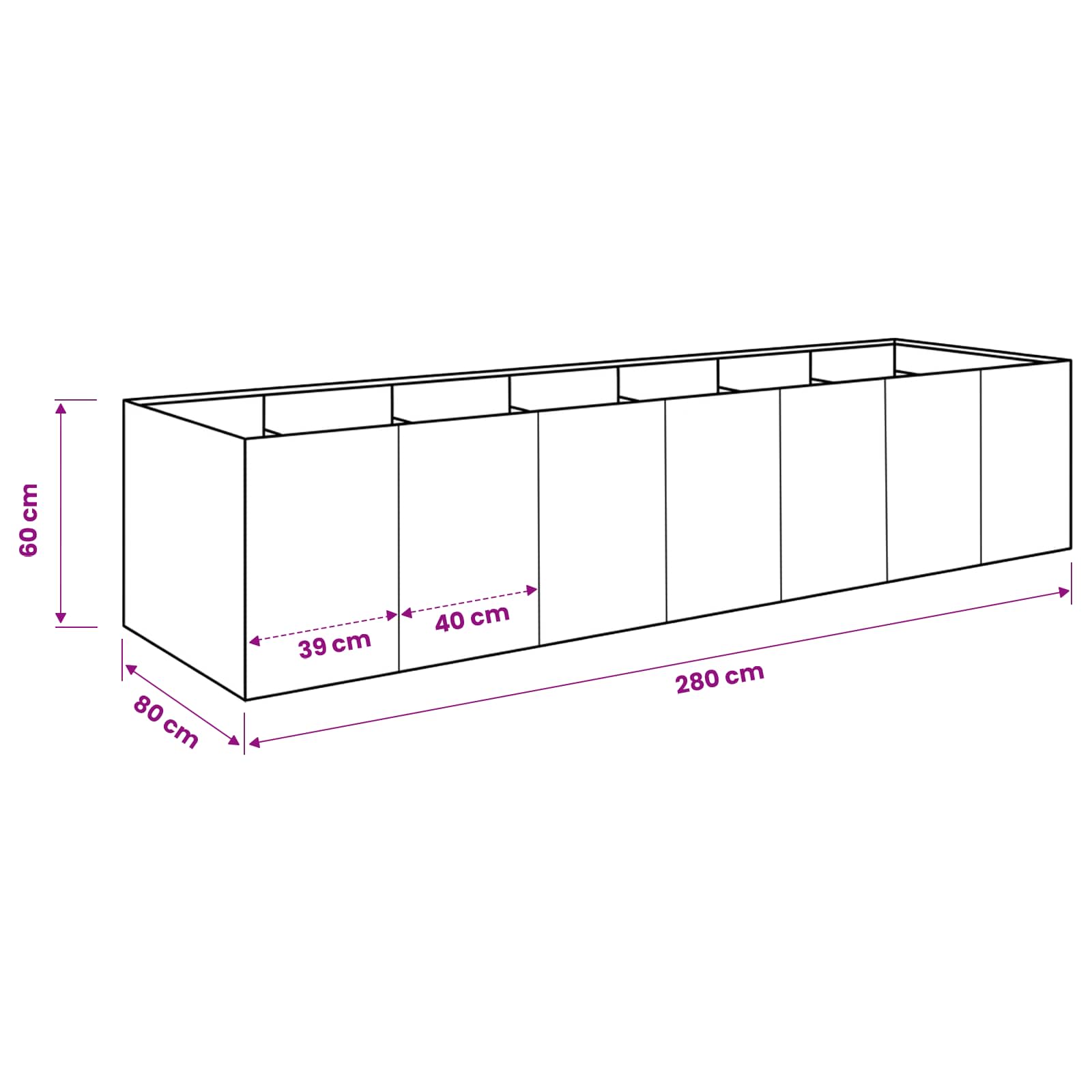 Vaso da giardino Argento 280 x 80 x 60 cm Acciaio Inox