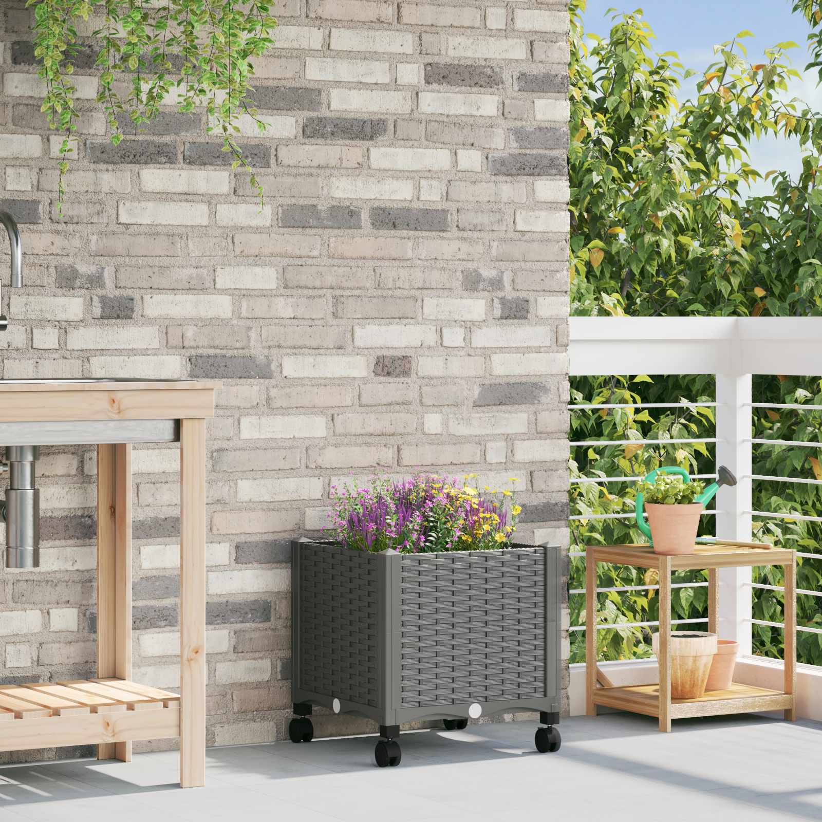 Vaso da Giardino con Ruote Grigio Chiaro 40 x 40 x 48 cm PP