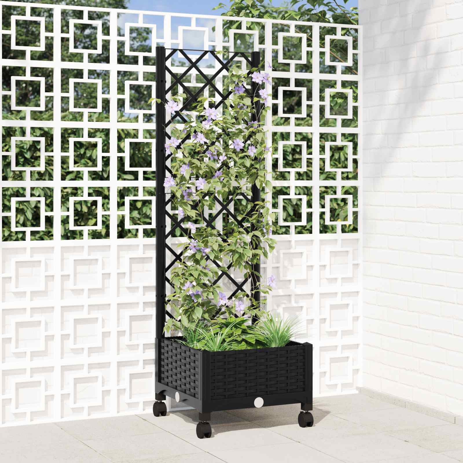 Vaso da giardino con grigliato e ruote Nero 40 x 40 x 131,5 cm