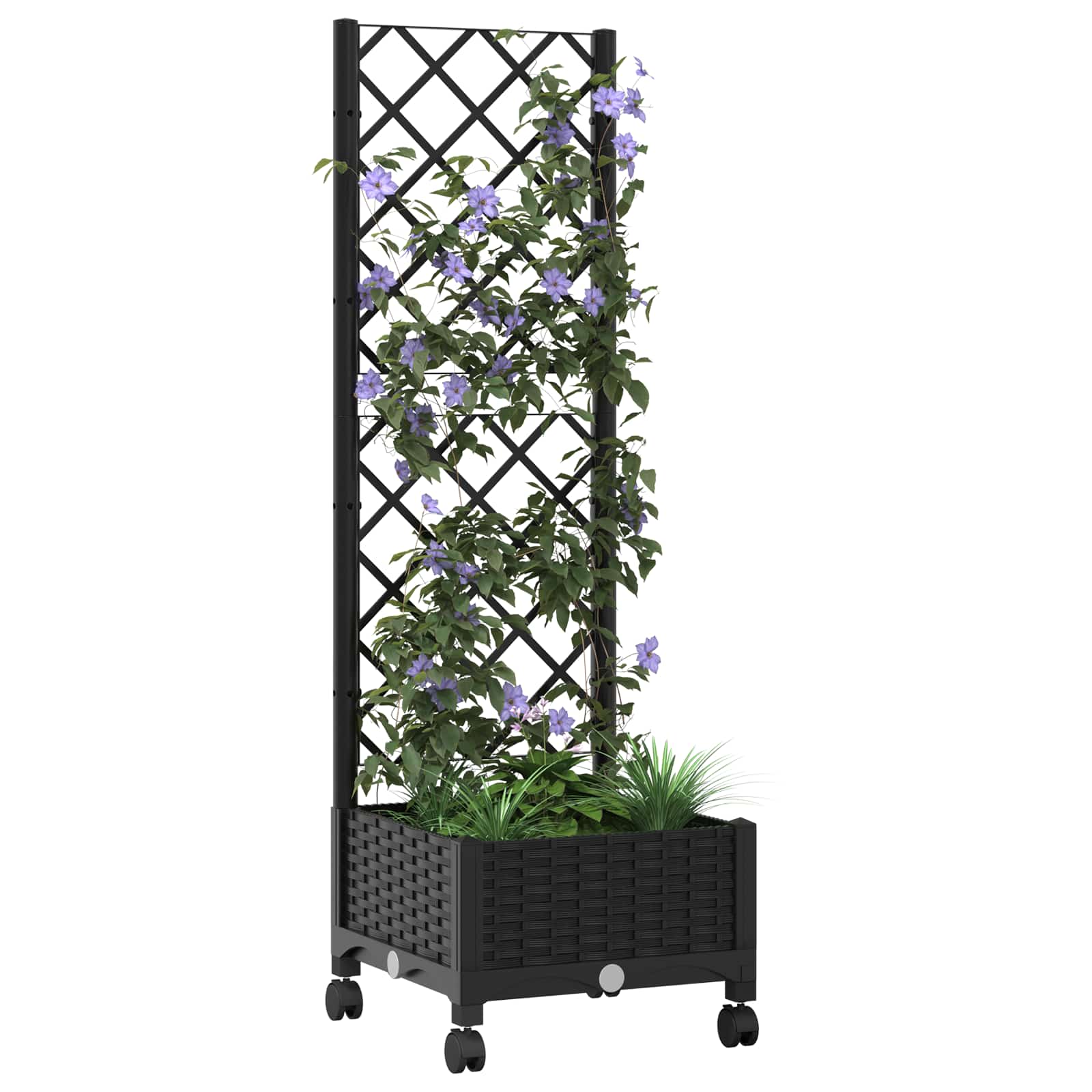 Vaso da giardino con grigliato e ruote Nero 40 x 40 x 131,5 cm