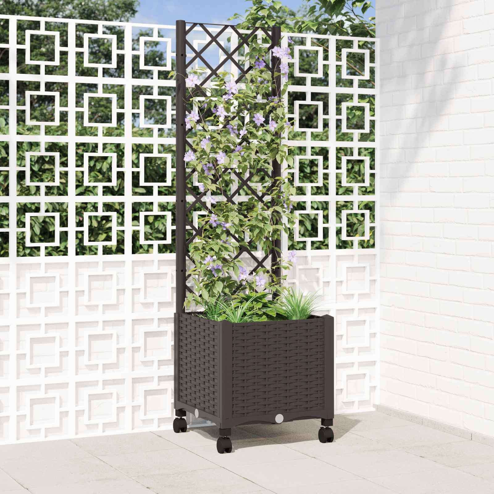 Vaso da giardino con grigliato e ruote Marrone 40 x 40 x 146 cm