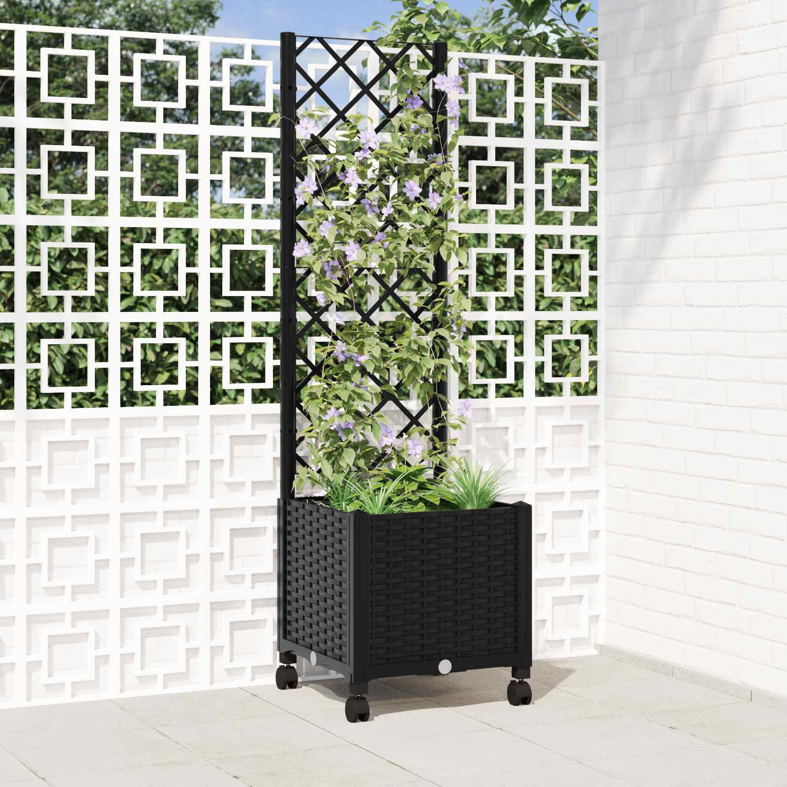 Vaso da giardino con grigliato e ruote Nero 40 x 40 x 146 cm PP