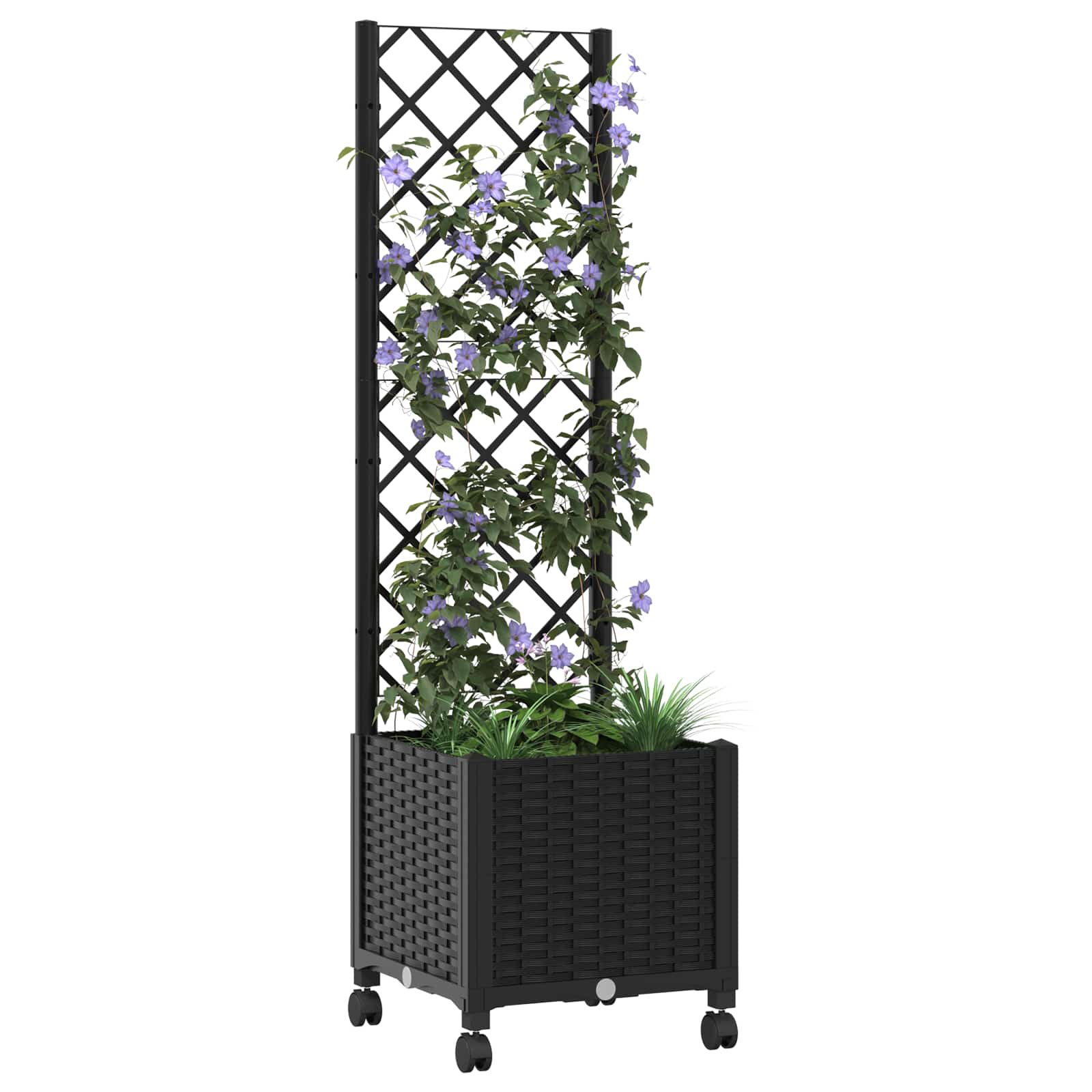 Vaso da giardino con grigliato e ruote Nero 40 x 40 x 146 cm PP