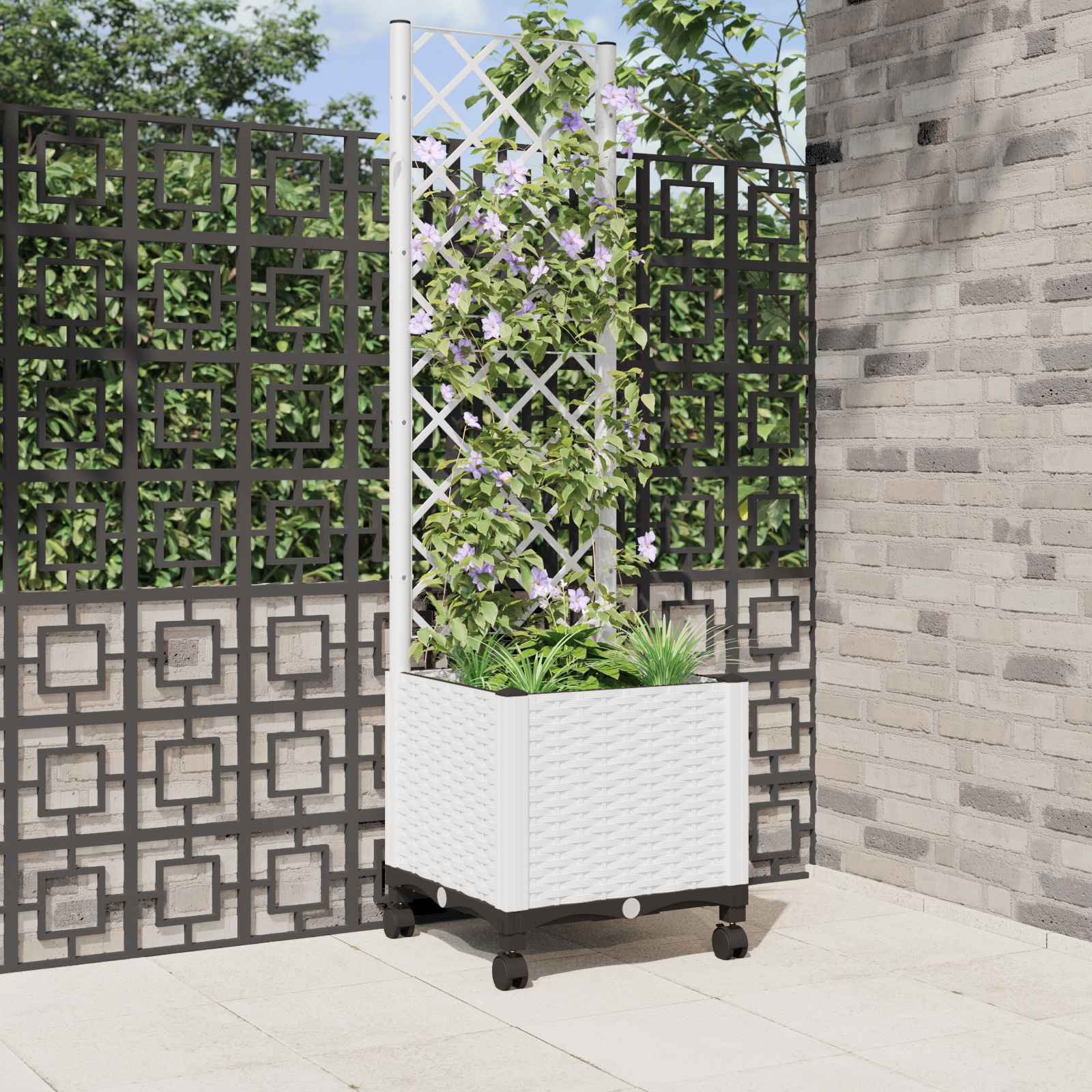 Vaso da giardino con grigliato e ruote Bianco 40 x 40 x 146 cm