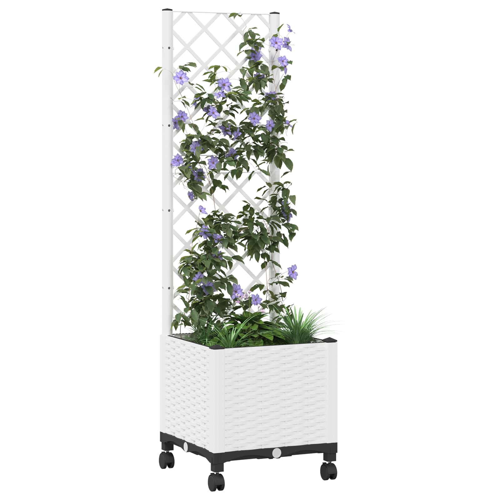 Vaso da giardino con grigliato e ruote Bianco 40 x 40 x 146 cm
