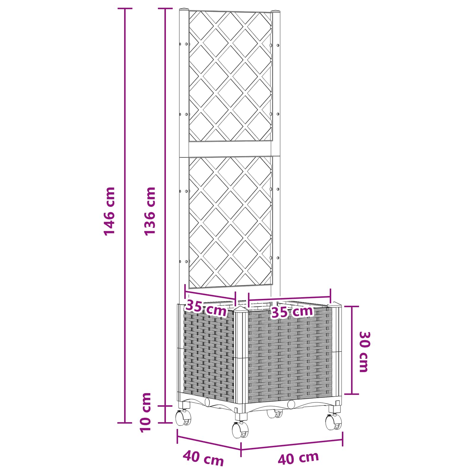 Vaso da giardino con grigliato e ruote Bianco 40 x 40 x 146 cm