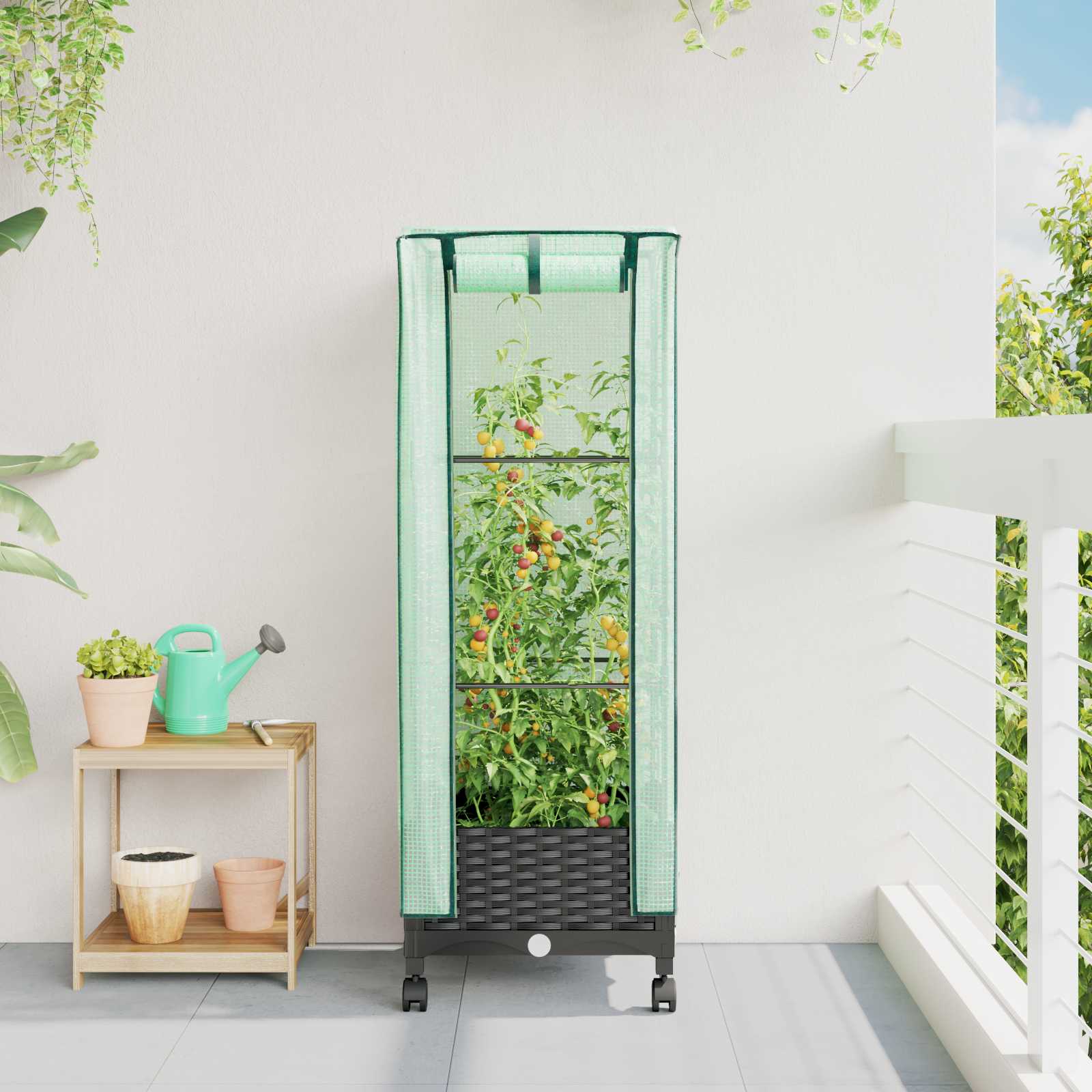 Vaso da Giardino con Copertura per Serra e Ruote Nero PP