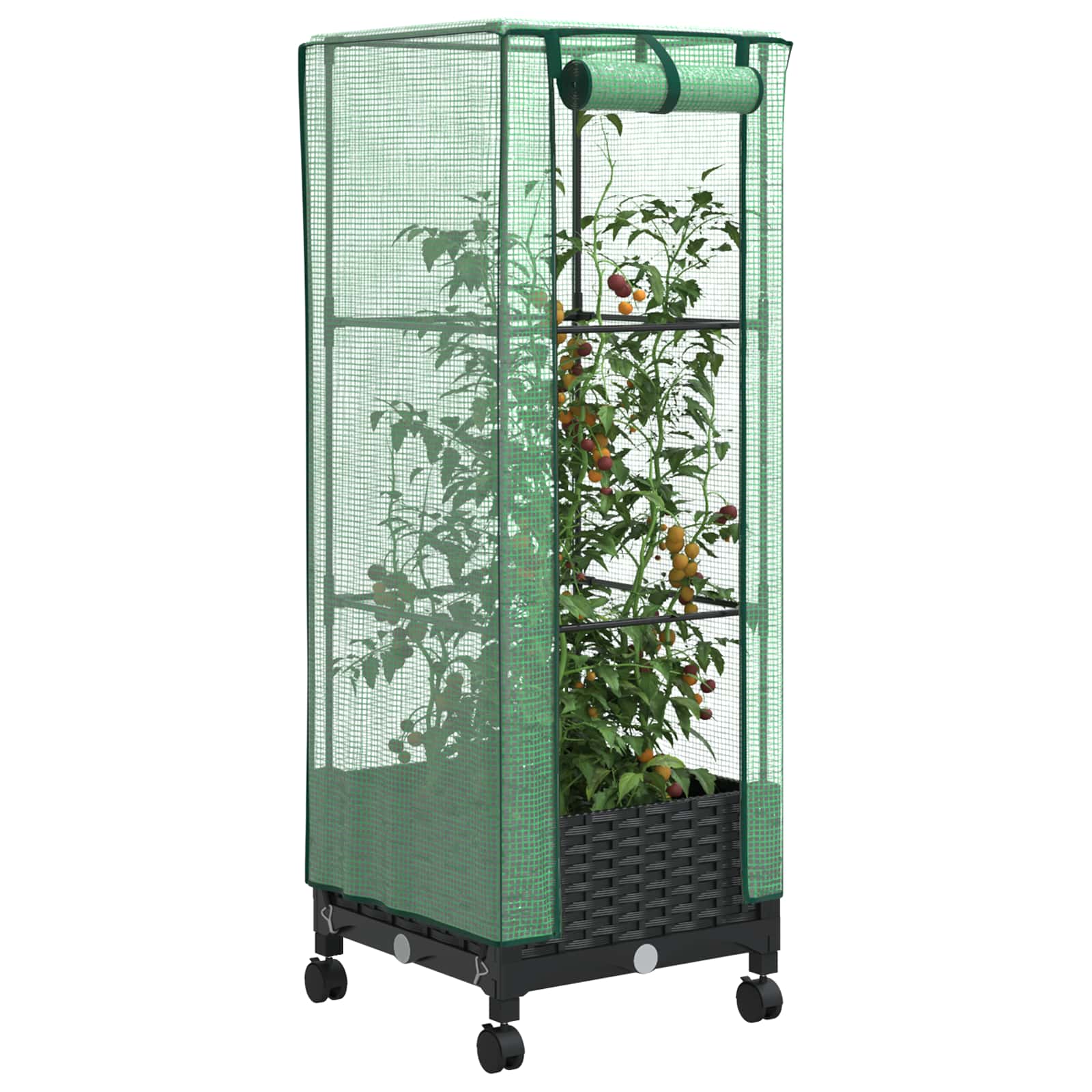 Vaso da Giardino con Copertura per Serra e Ruote Nero PP