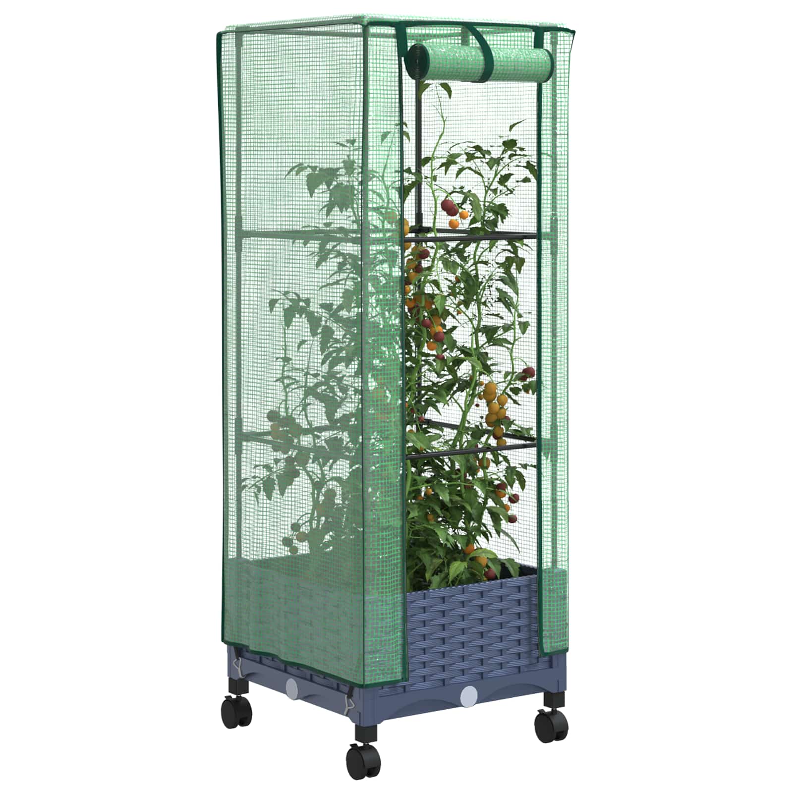 Vaso da Giardino con Copertura per Serra e Ruote Blu Grigio PP