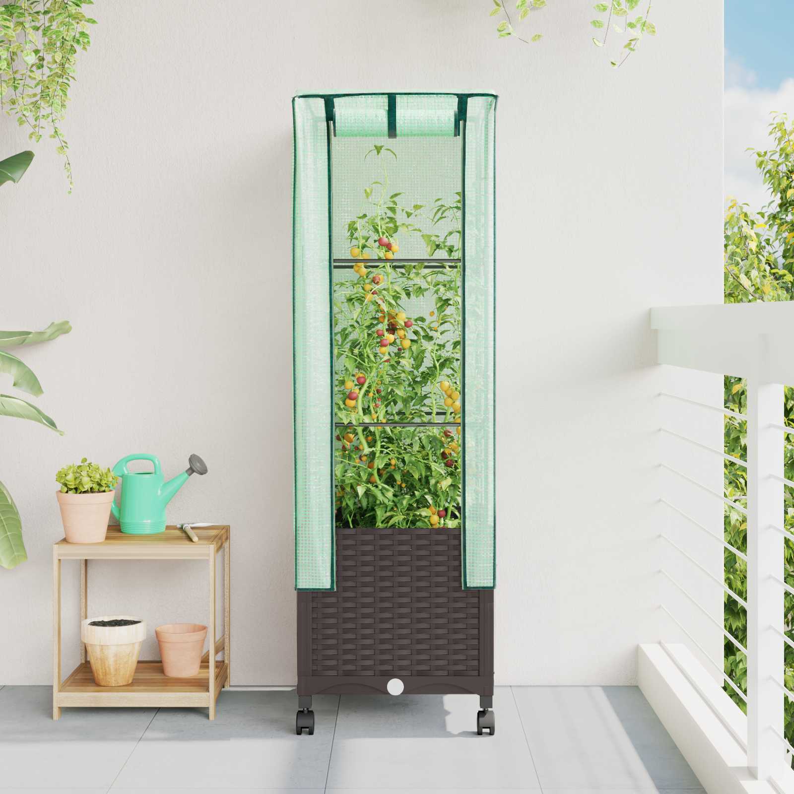 Vaso da Giardino con Copertura per Serra e Ruote Marrone PP