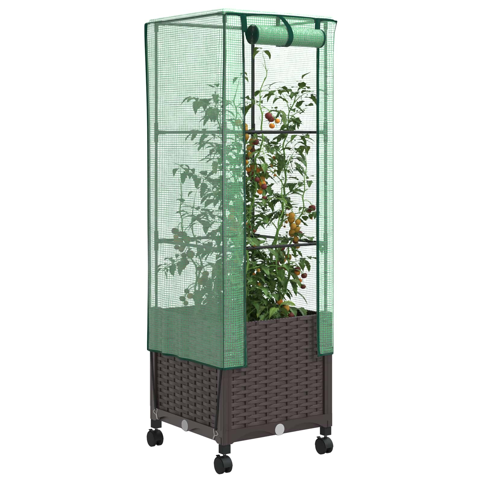 Vaso da Giardino con Copertura per Serra e Ruote Marrone PP