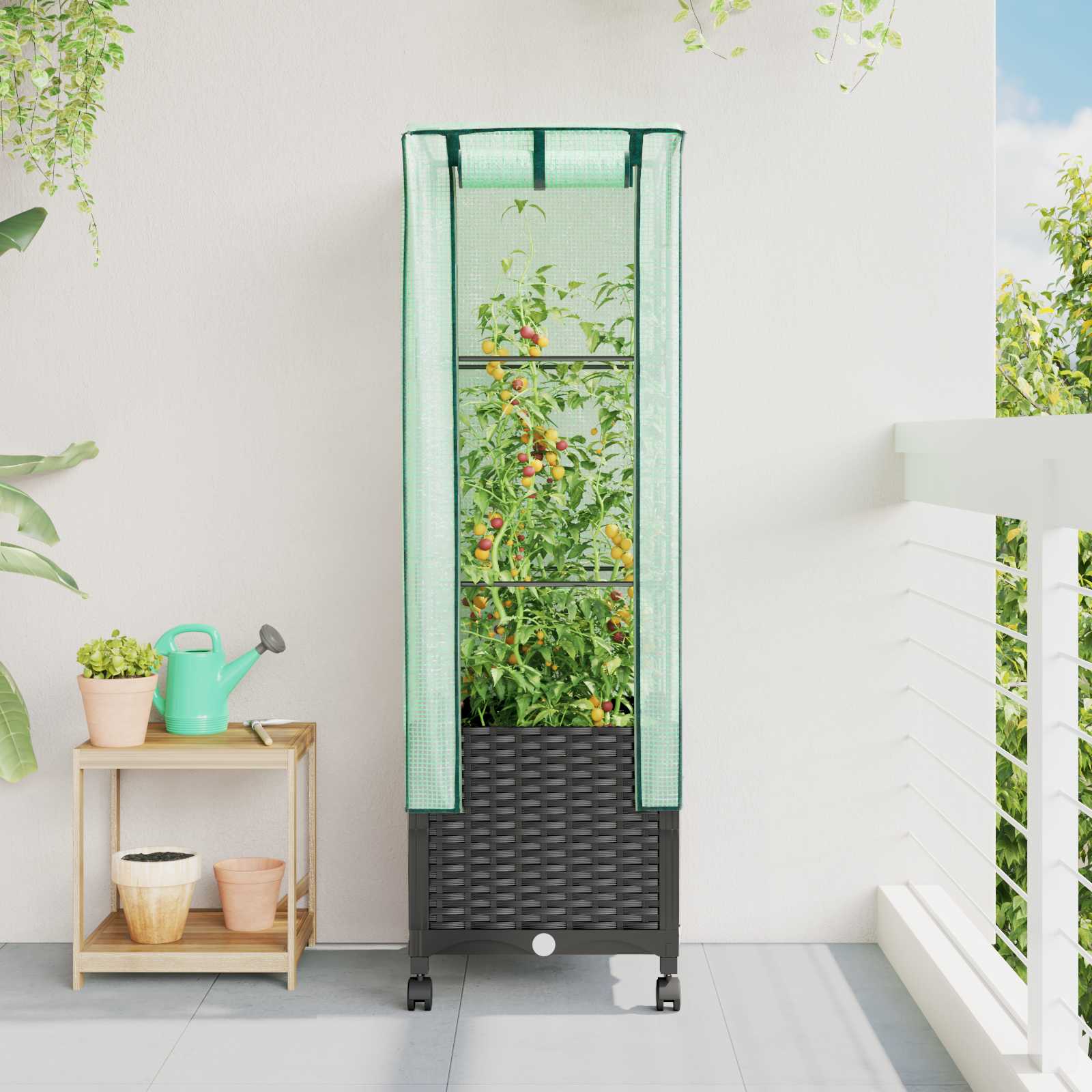 Vaso da Giardino con Copertura per Serra e Ruote Nero PP