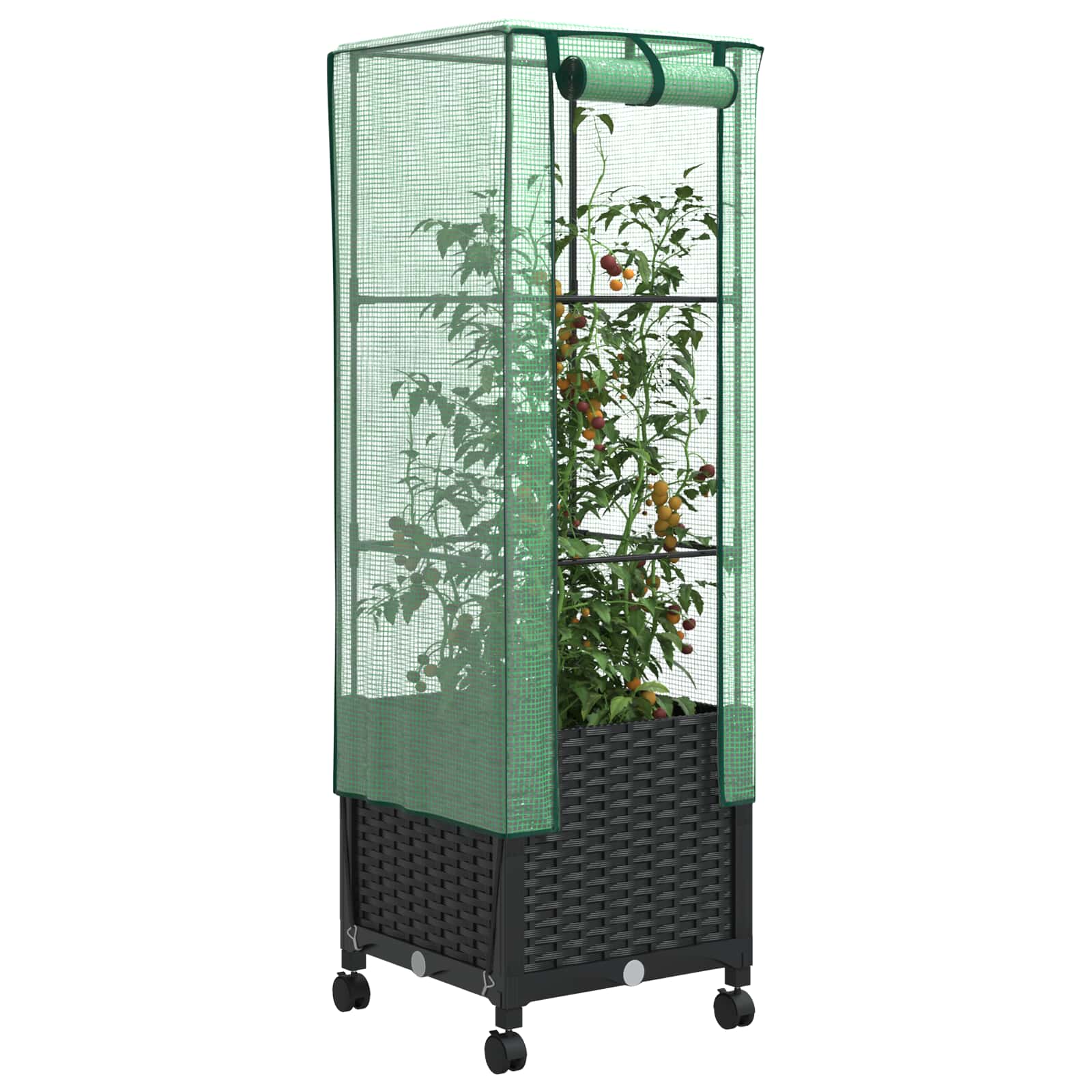Vaso da Giardino con Copertura per Serra e Ruote Nero PP