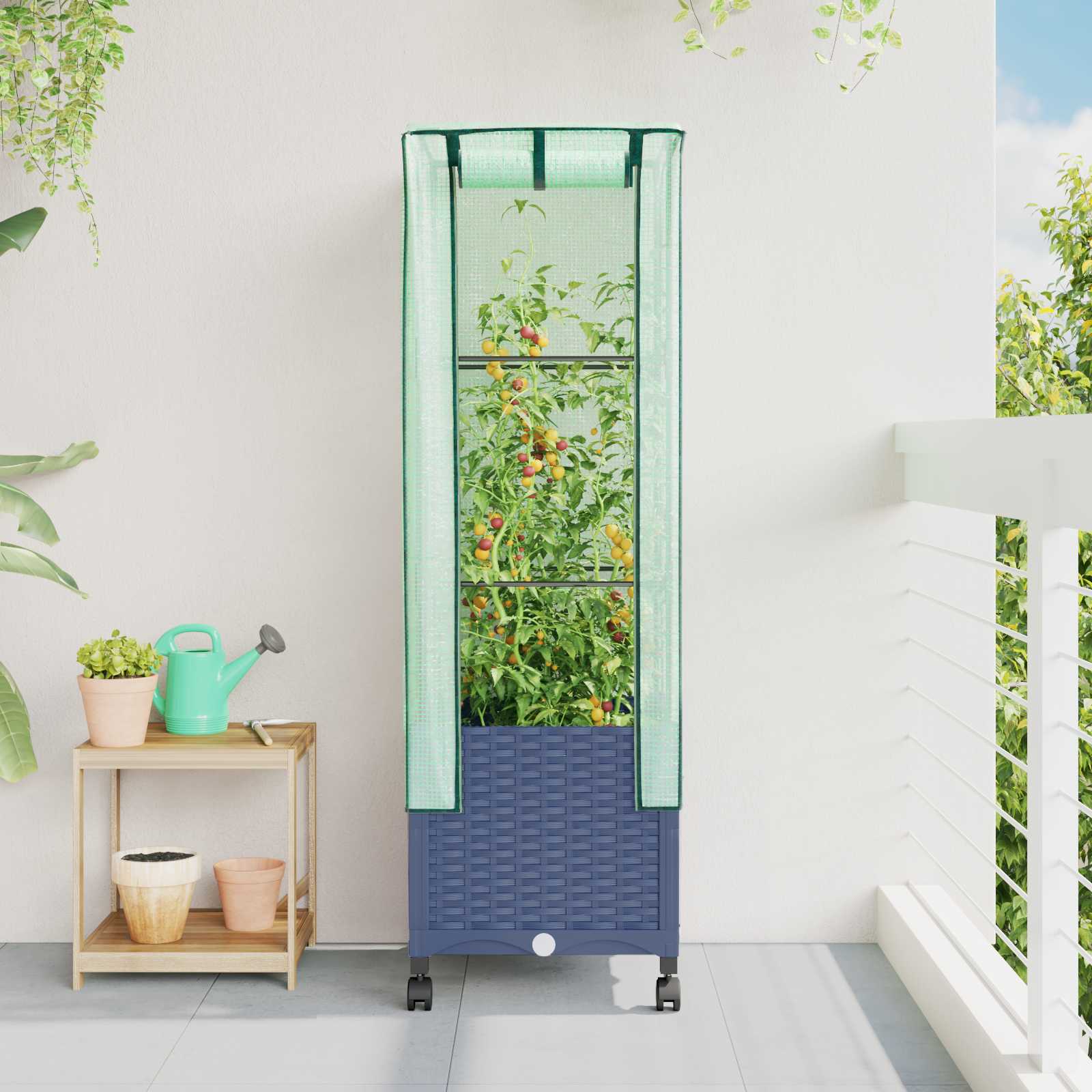 Vaso da Giardino con Copertura per Serra e Ruote Blu Grigio PP