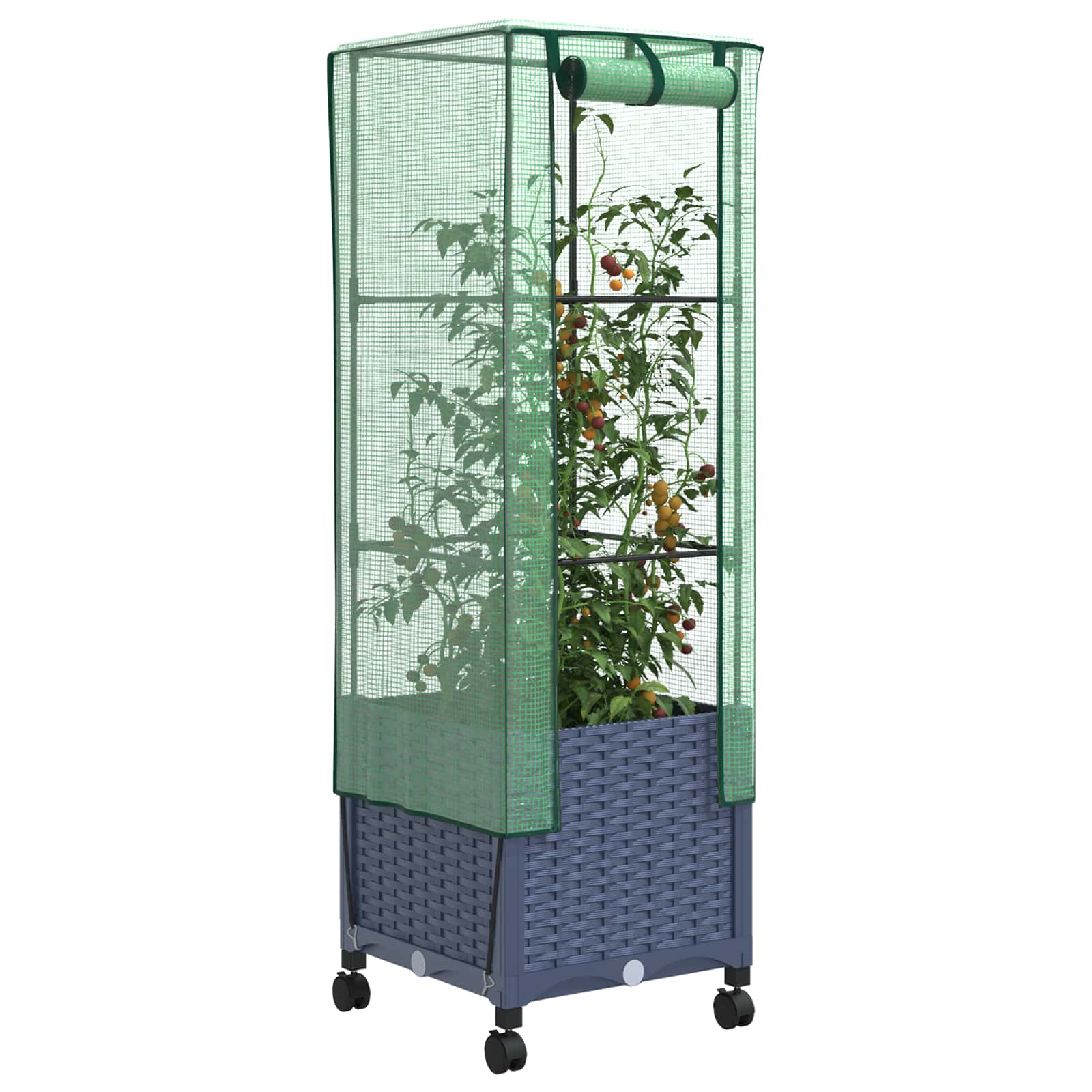 Vaso da Giardino con Copertura per Serra e Ruote Blu Grigio PP