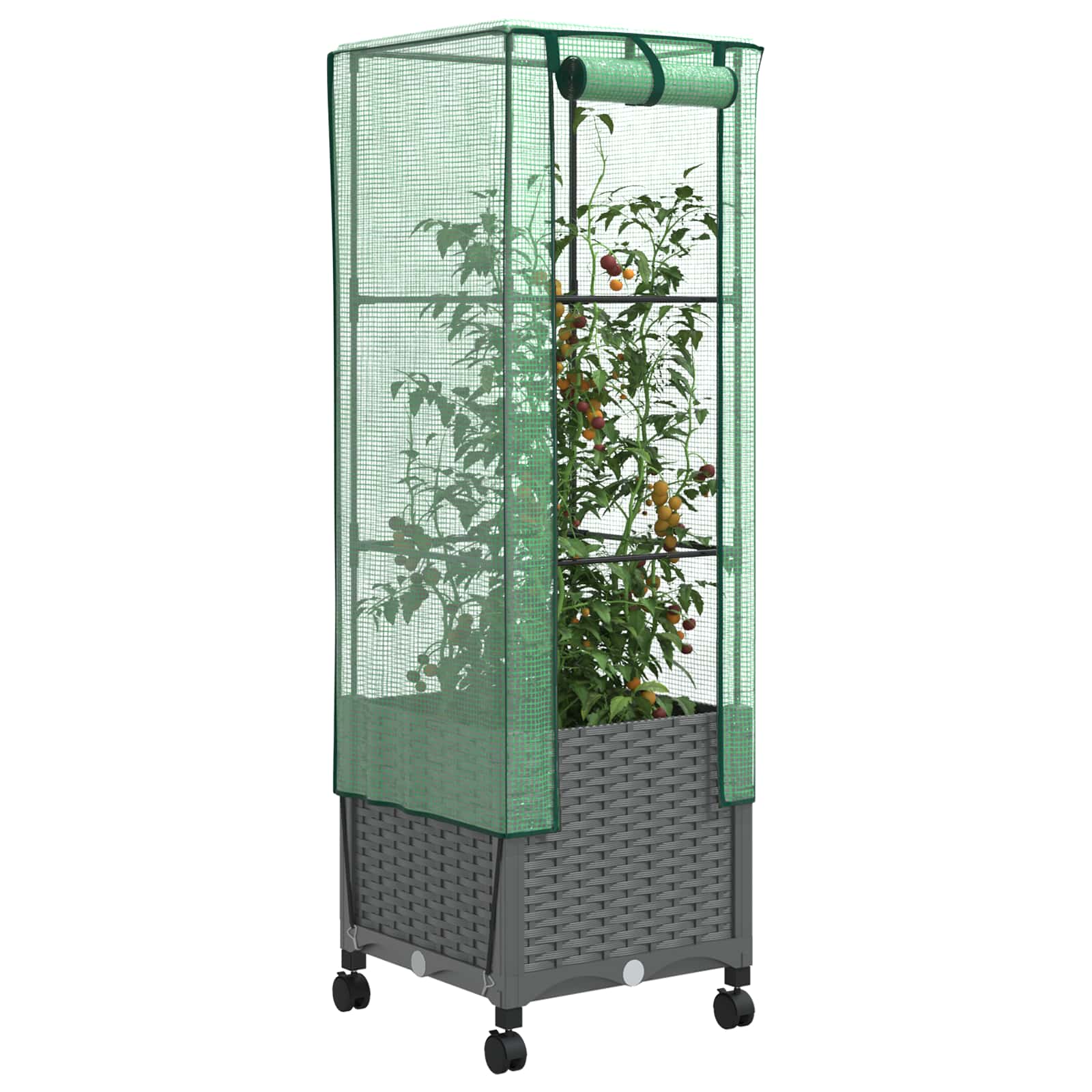 Vaso da Giardino con Copertura per Serra e Ruote Grigio Chiaro
