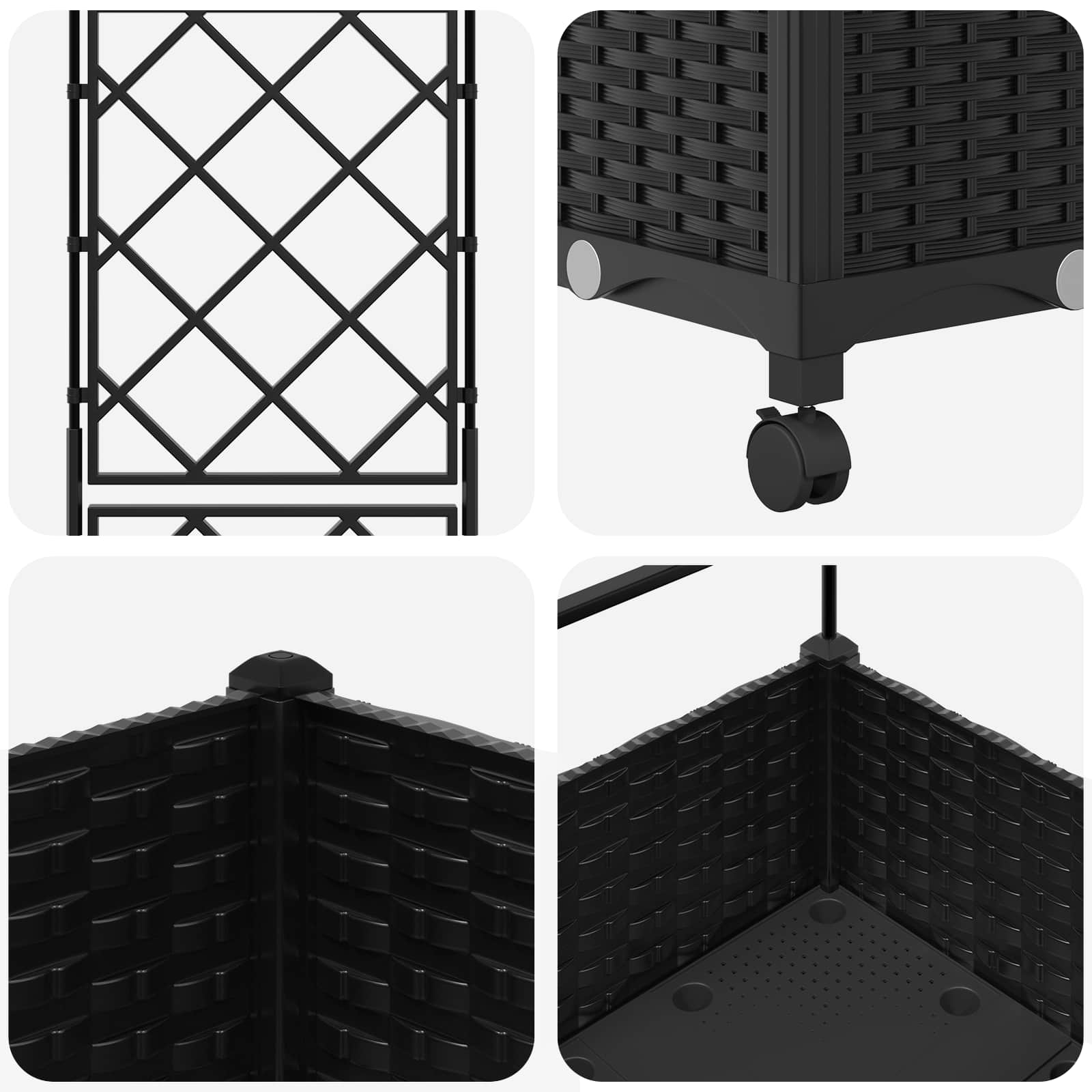 Vaso da giardino con grigliato e ruote Nero 40 x 40 x 131,5 cm