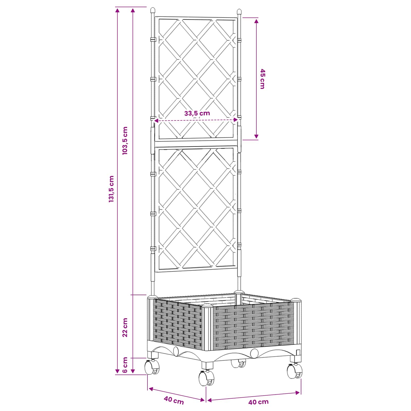 Vaso da giardino con grigliato e ruote Nero 40 x 40 x 131,5 cm
