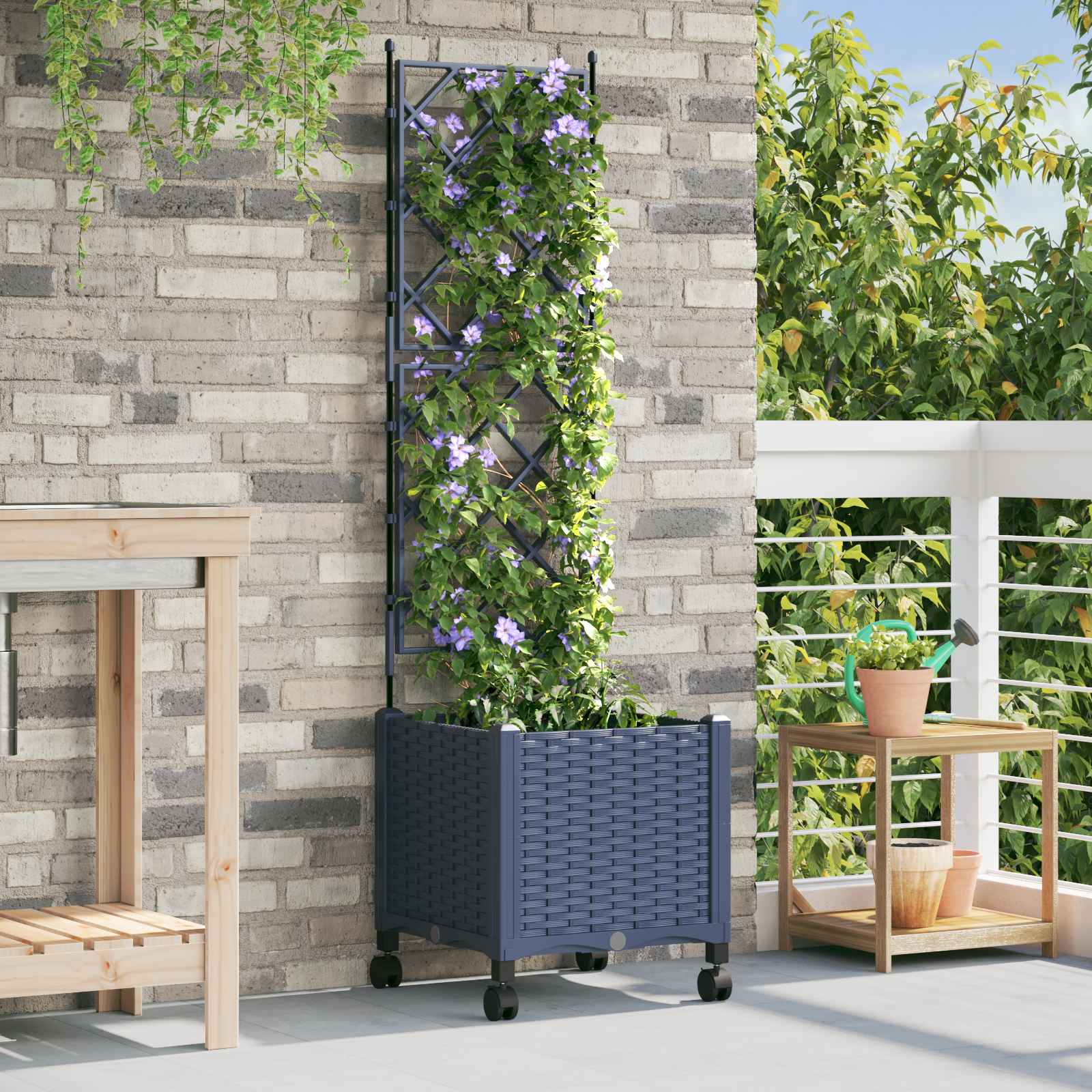 Vaso da giardino con grigliato e ruote Grigio 40 x 40 x 149 cm