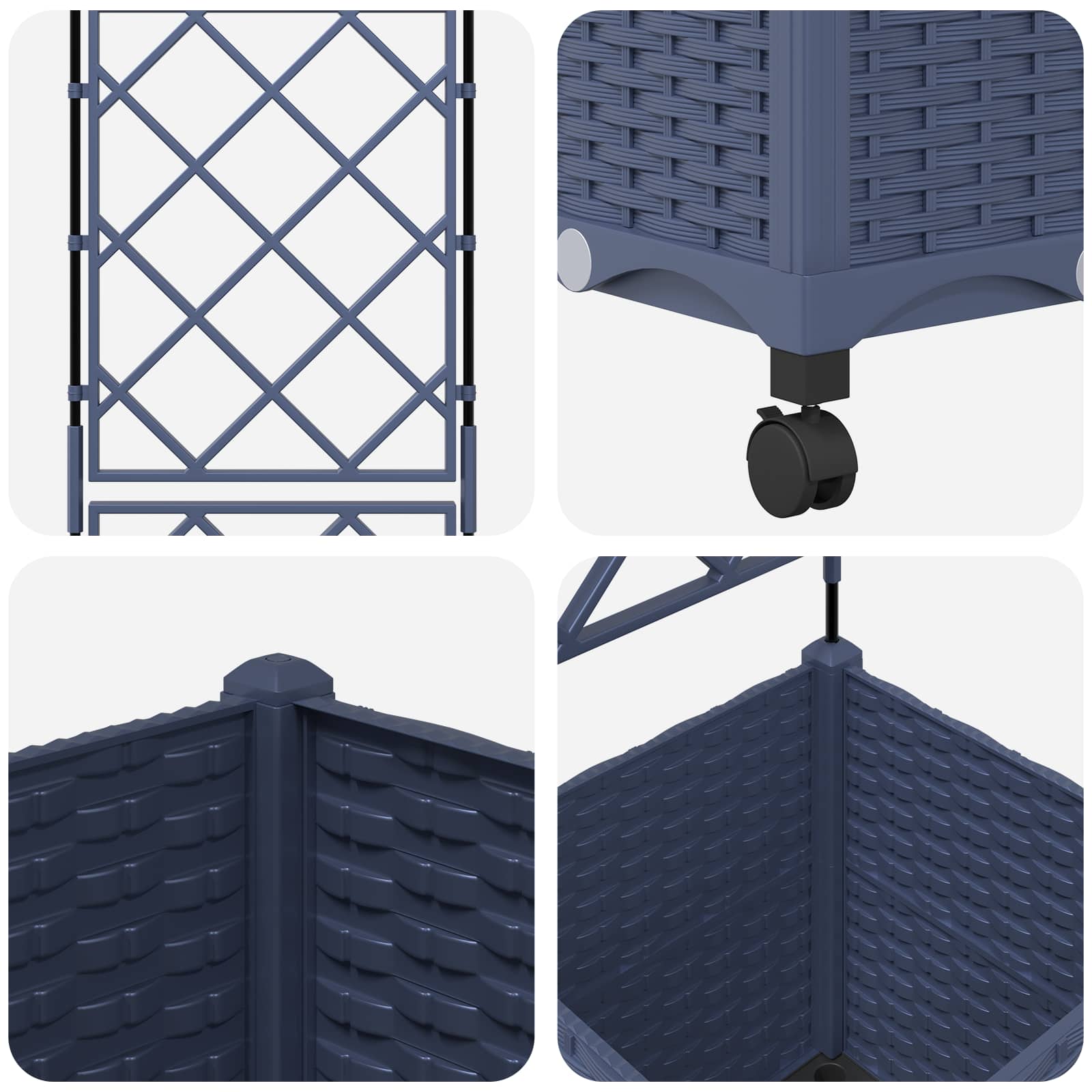 Vaso da giardino con grigliato e ruote Grigio 40 x 40 x 149 cm