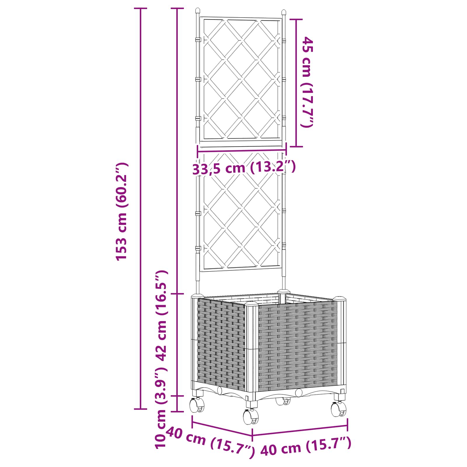 Vaso da giardino con grigliato e ruote Grigio 40 x 40 x 149 cm