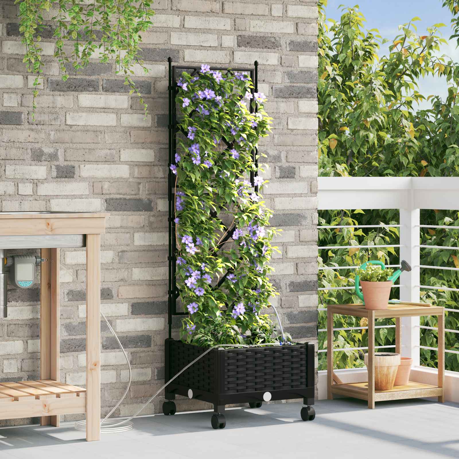 Vaso da Giardino con Irrigazione e Ruote Nero 40 x 40 x 132 cm