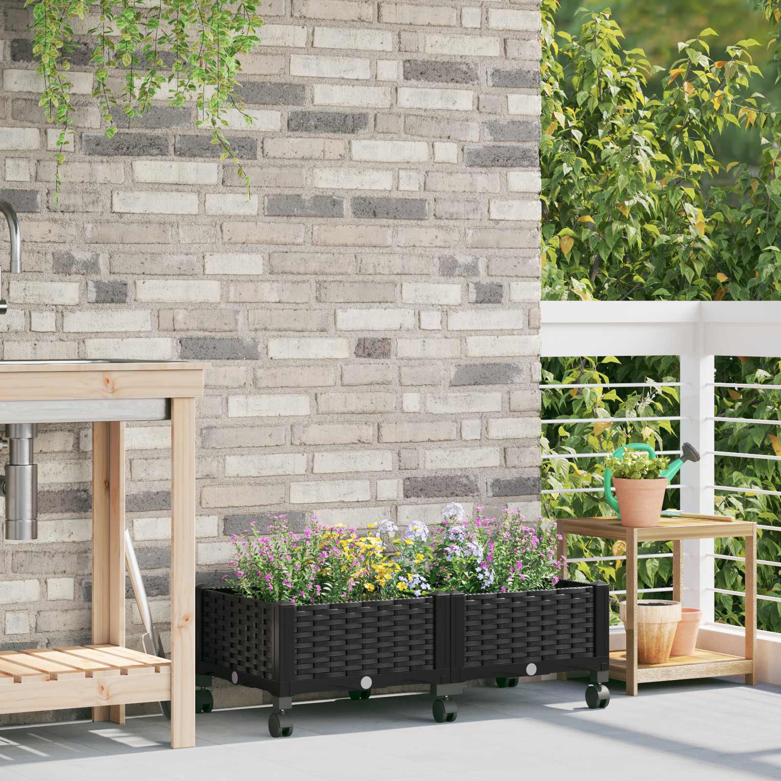 Vaso da Giardino con Ruote Nero 80 x 40 x 29 cm PP