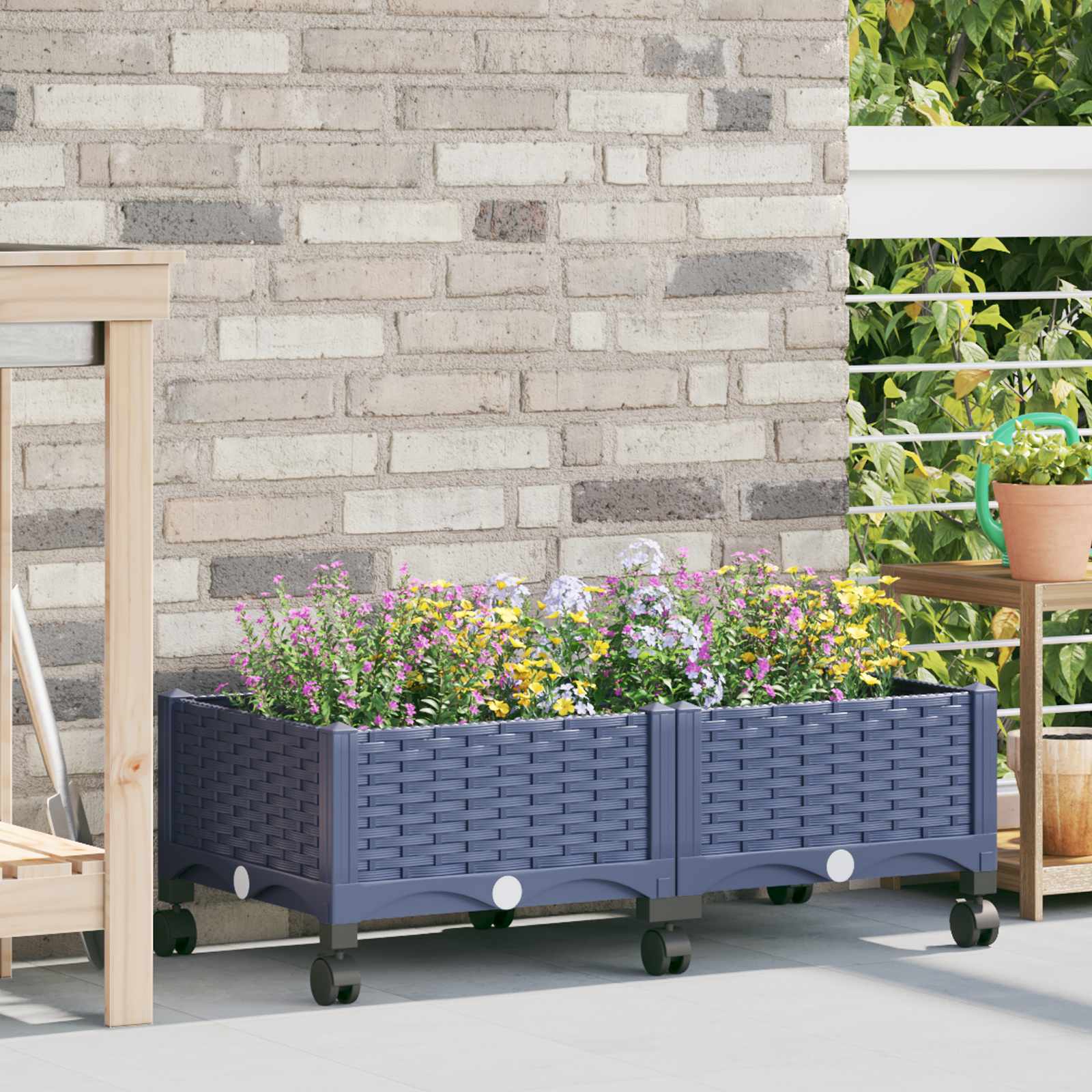 Vaso da Giardino con Ruote Blu Grigio 80 x 40 x 33 cm PP