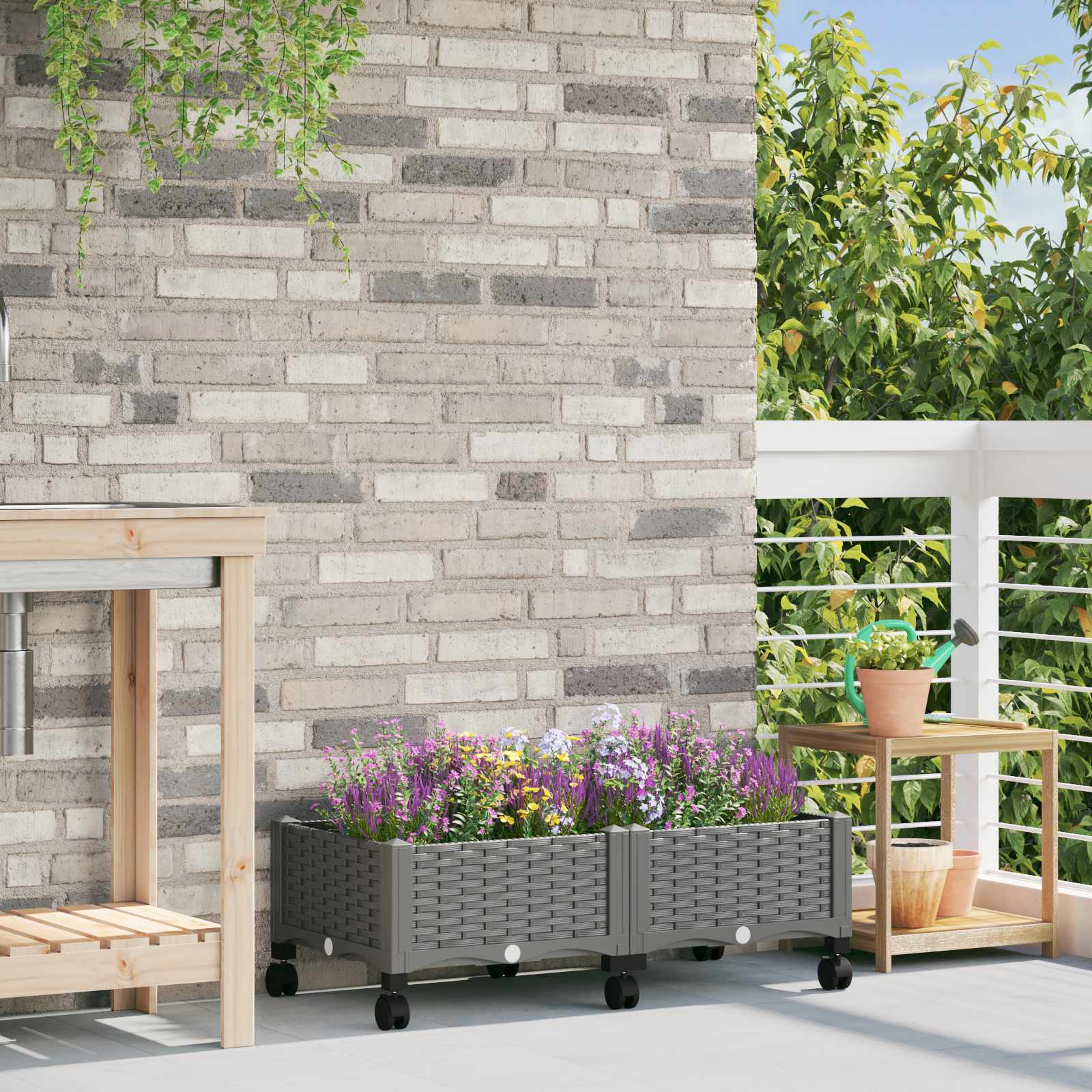 Vaso da Giardino con Ruote Grigio Chiaro 80 x 40 x 33 cm PP