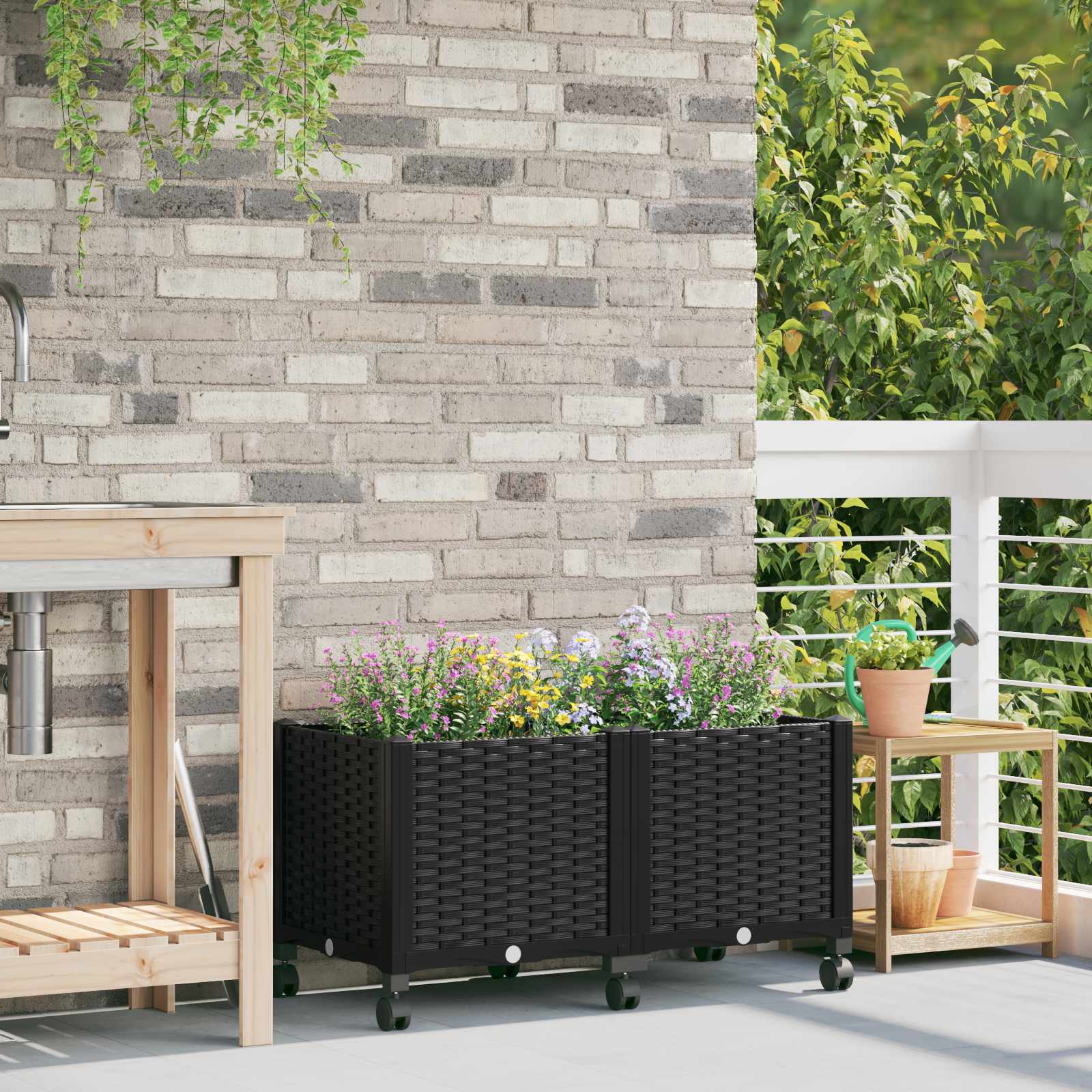 Vaso da Giardino con Ruote Nero 80 x 40 x 44 cm PP