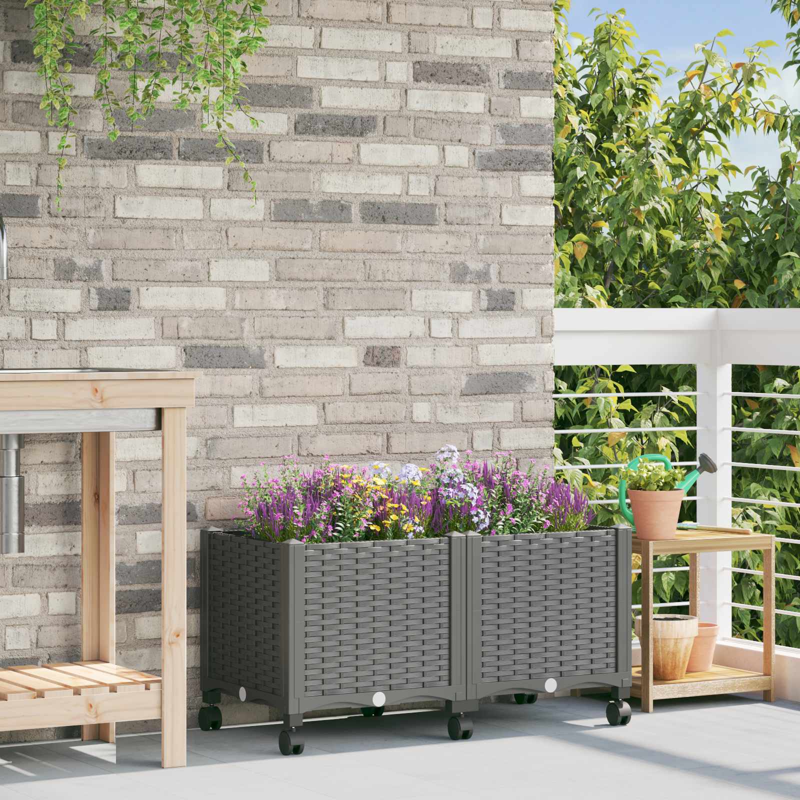Vaso da Giardino con Ruote Grigio Chiaro 80 x 40 x 48 cm PP