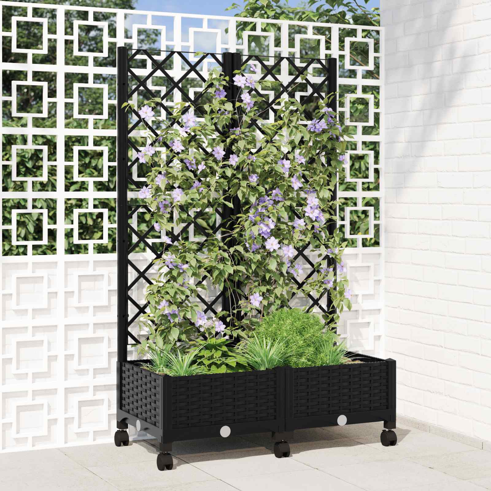 Vaso da giardino con grigliato e ruote Nero 80 x 40 x 131,5 cm