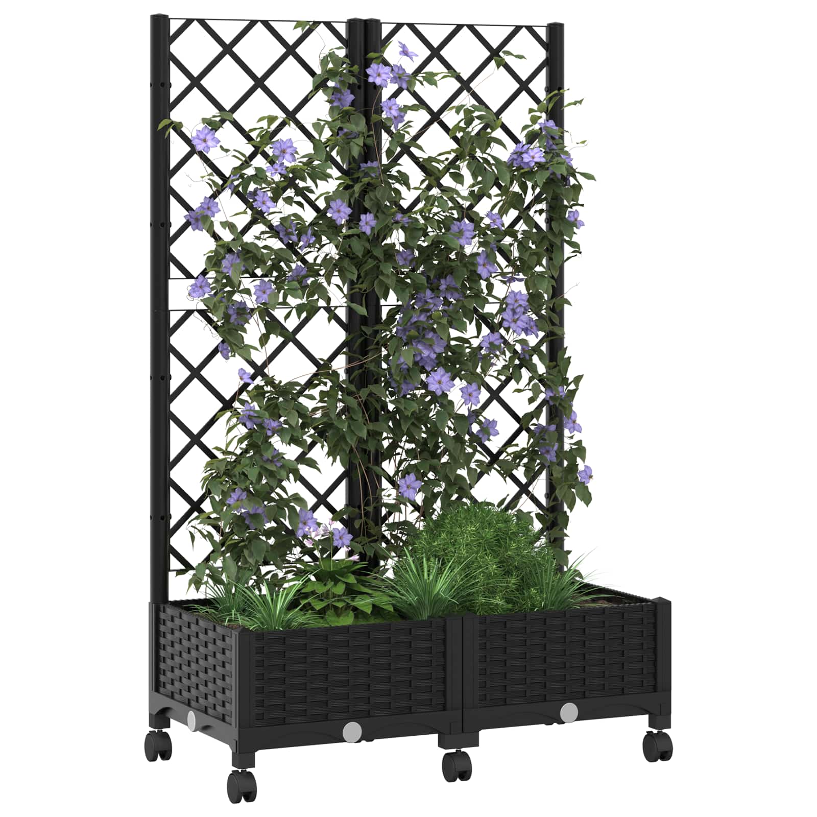Vaso da giardino con grigliato e ruote Nero 80 x 40 x 131,5 cm